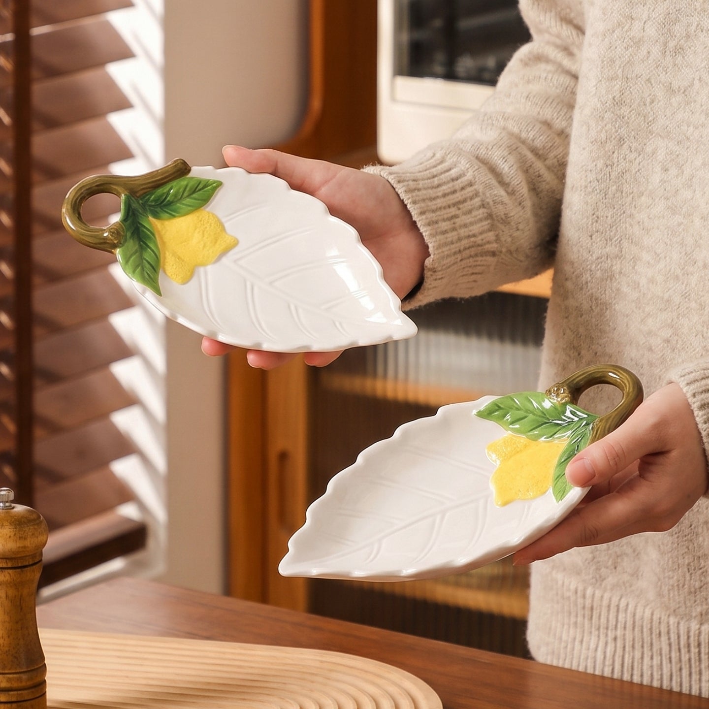 HongDian Yellow Lemon Pattern Tableware Series,Optional Leaf Shaped Plate,Embossed Hand Painted Craft,Premium Porcelain,Yellow White,SGS Tested Underglaze Fade Resistant,Microwave Dishwasher Oven Sterilizer Safe,Tea Time Dessert Serving Table Decor