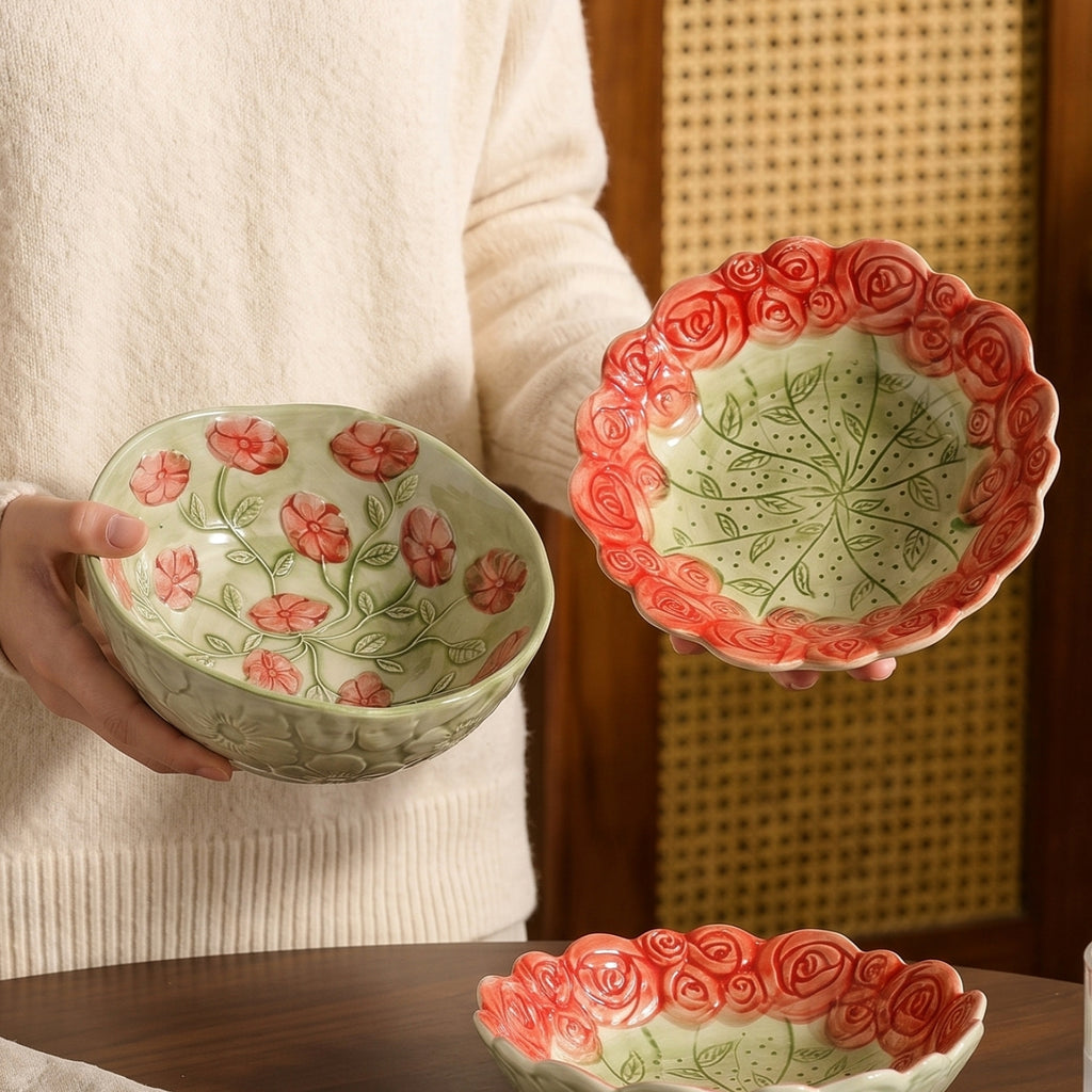 HongDian Rose Embossed Ceramic Plate 2 Pack,7.5 in Hand Painted Floral Dessert Salad Dish,Rose Rim,Sage Green Red,Premium Ceramic,Underglaze Non Fading,Microwave Dishwasher Safe,Tea Time Appetizer Pastry Serving,Cottagecore Table Decor Gift