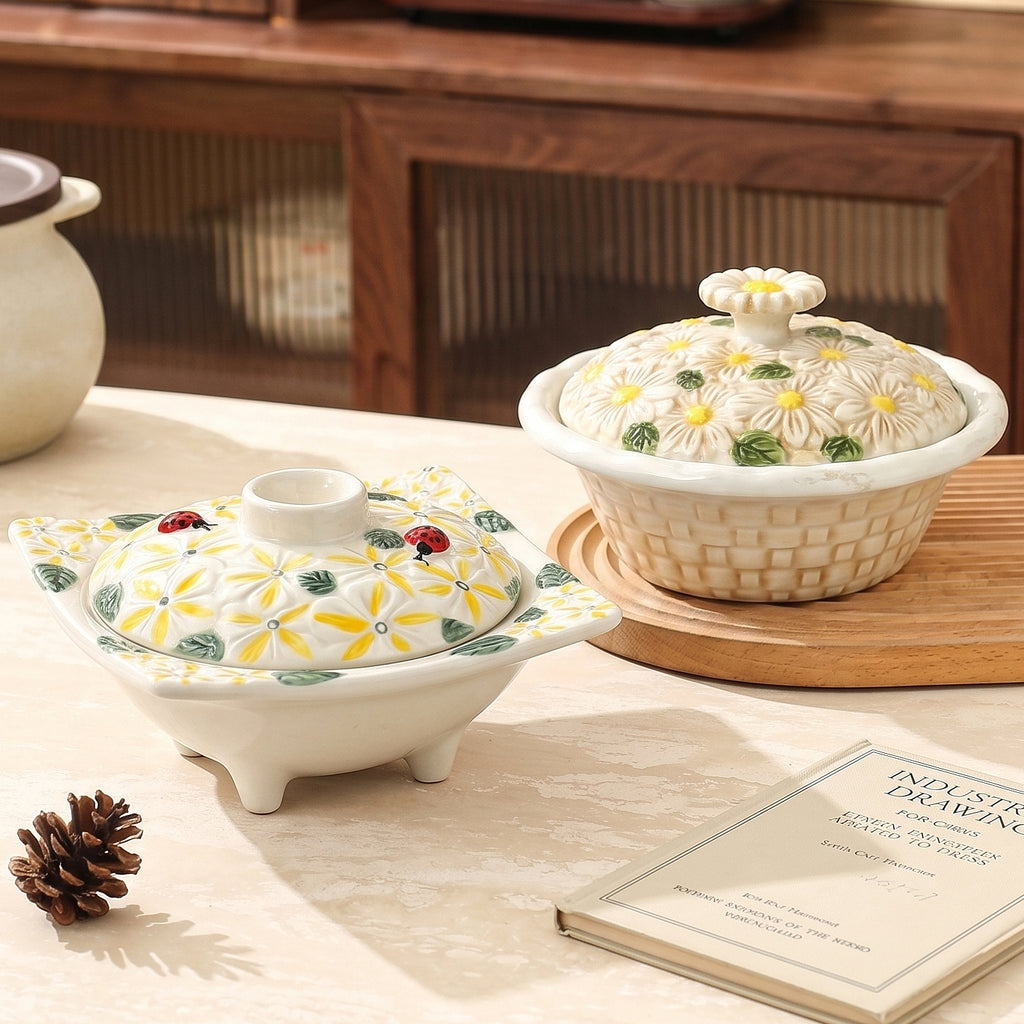 HongDian Daisy Ladybug Covered Bowl Series,Round Square Optional 6 in 280ml 10 oz,Embossed Hand Painted Craft,Premium Porcelain,Ivory Yellow,SGS Tested Underglaze Fade Resistant,Microwave Dishwasher Oven Sterilizer Safe,Meal Serving Table Decor