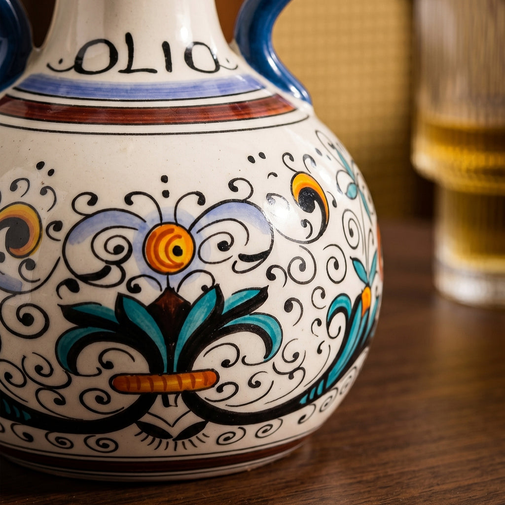 HongDian Vintage Ceramic Oil Dispenser Series,Optional Olive Vine Pattern Vinegar Bottle,Handle Pour Spout,550/600ml 19/20 oz,Premium Ceramic,SGS Tested Underglaze Fade Resistant,Kitchen Counter Cooking Salad Dressing Coffee Bar Table Decor