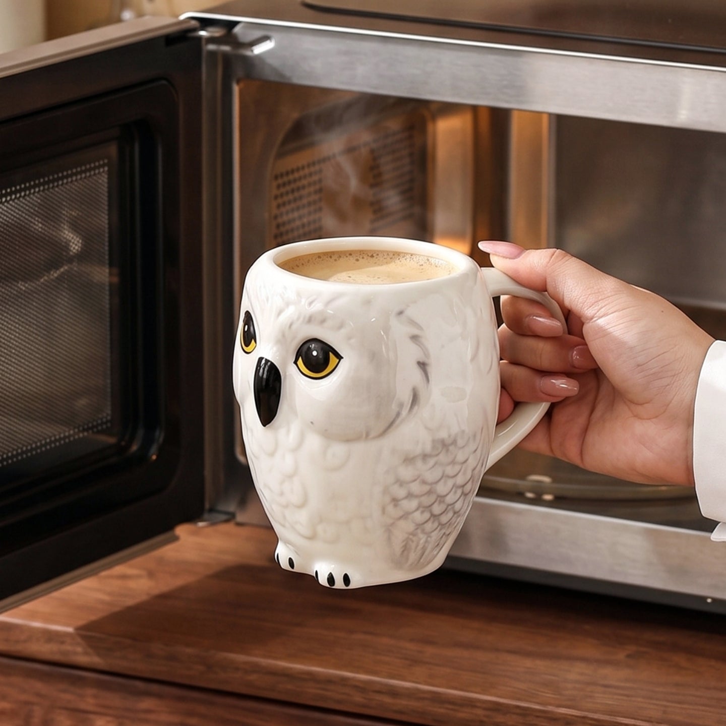 HongDian White Owl Shaped Ceramic Mug,Cute Animal Coffee Tea Cup with Handle,4.28/4.68/3.04 in,Premium Ceramic,SGS Tested Underglaze Fade Resistant,Microwave Dishwasher Sterilizer Safe,Milk Coffee Tea Breakfast Use Office Desk Decor Gift