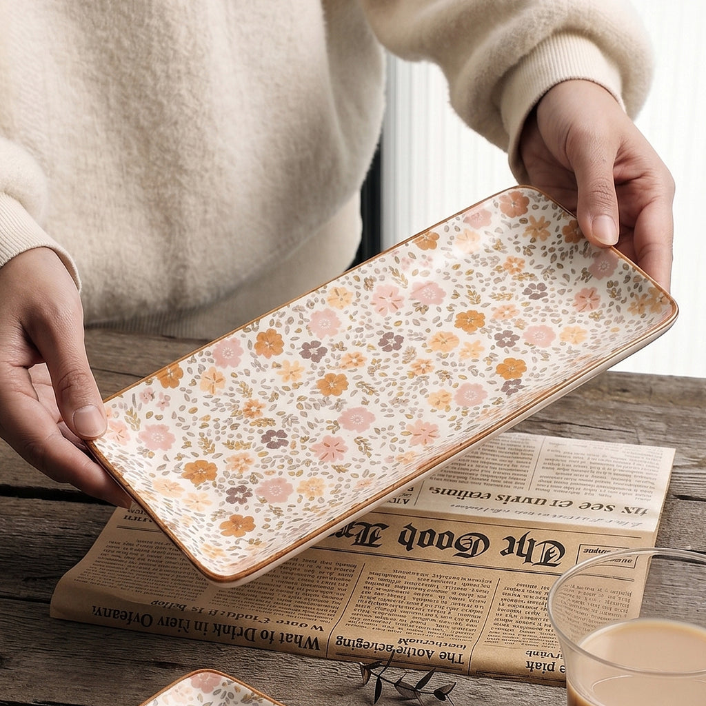 HongDian Japanese Floral Ceramic Plate 2 Pack,8 in Rectangular Serving Dish,Pink Beige,Premium Ceramic,SGS Tested Underglaze Fade Resistant,Microwave Dishwasher Oven Sterilizer Safe,Dessert Pasta Salad Snack Serving Table Setting Gift Decor