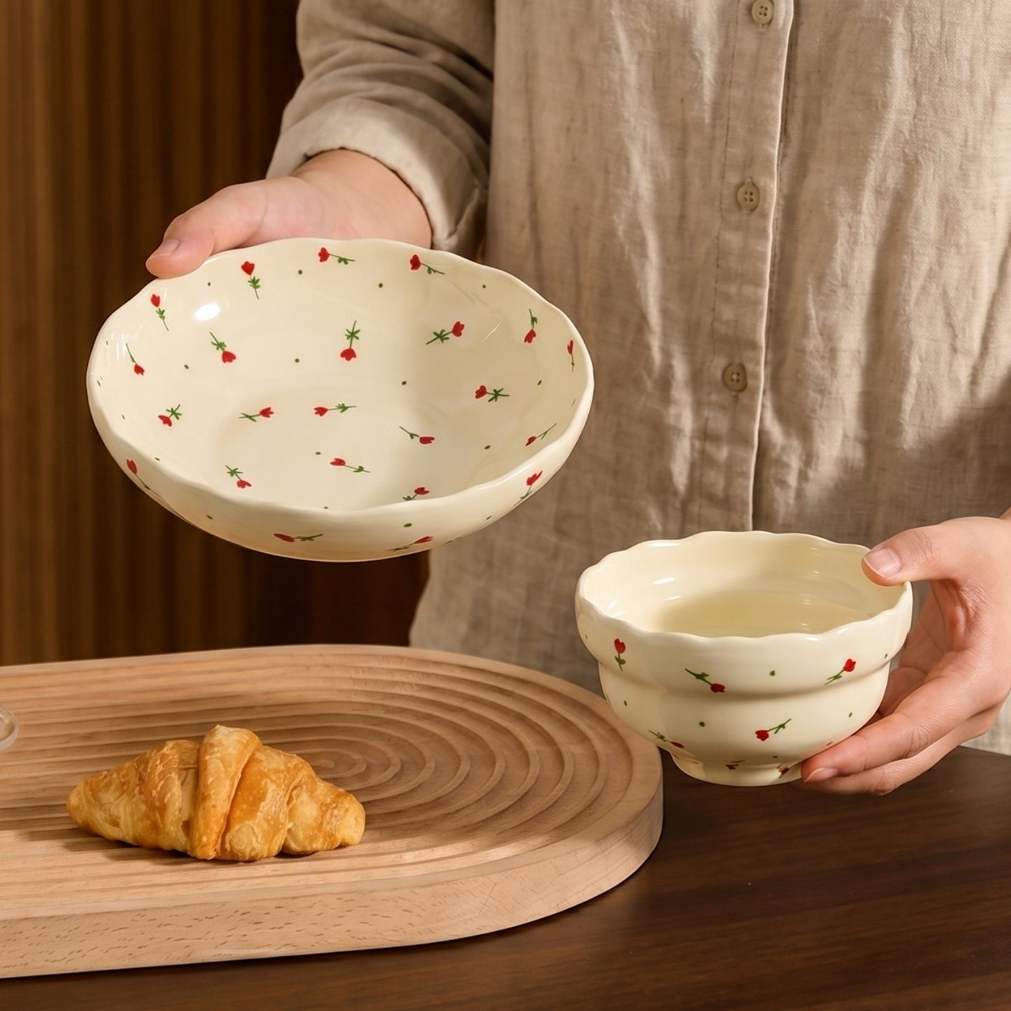 HongDian Cream Floral Tableware Series,Optional Ceramic Bowl Plate 5/7 in,Small Flower Pattern Cottagecore Style,Premium Ceramic,Underglaze Non Fading,Microwave Dishwasher Safe,Breakfast Pastry Dessert Snack Serving,Kitchen Table Gift Decor