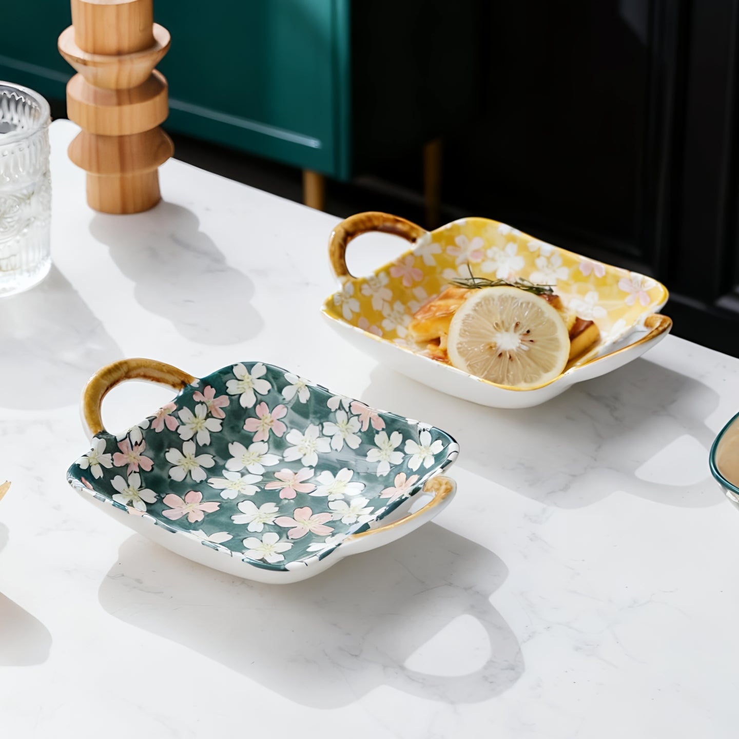 HongDian Japanese Cherry Blossom Tableware Series,Optional Ceramic Bowl Plate 5/7 in,Yellow Green,Premium Ceramic,SGS Tested Underglaze Fade Resistant,Microwave Dishwasher Oven Sterilizer Safe,Dessert Snack Serving Tea Time Gift Decor