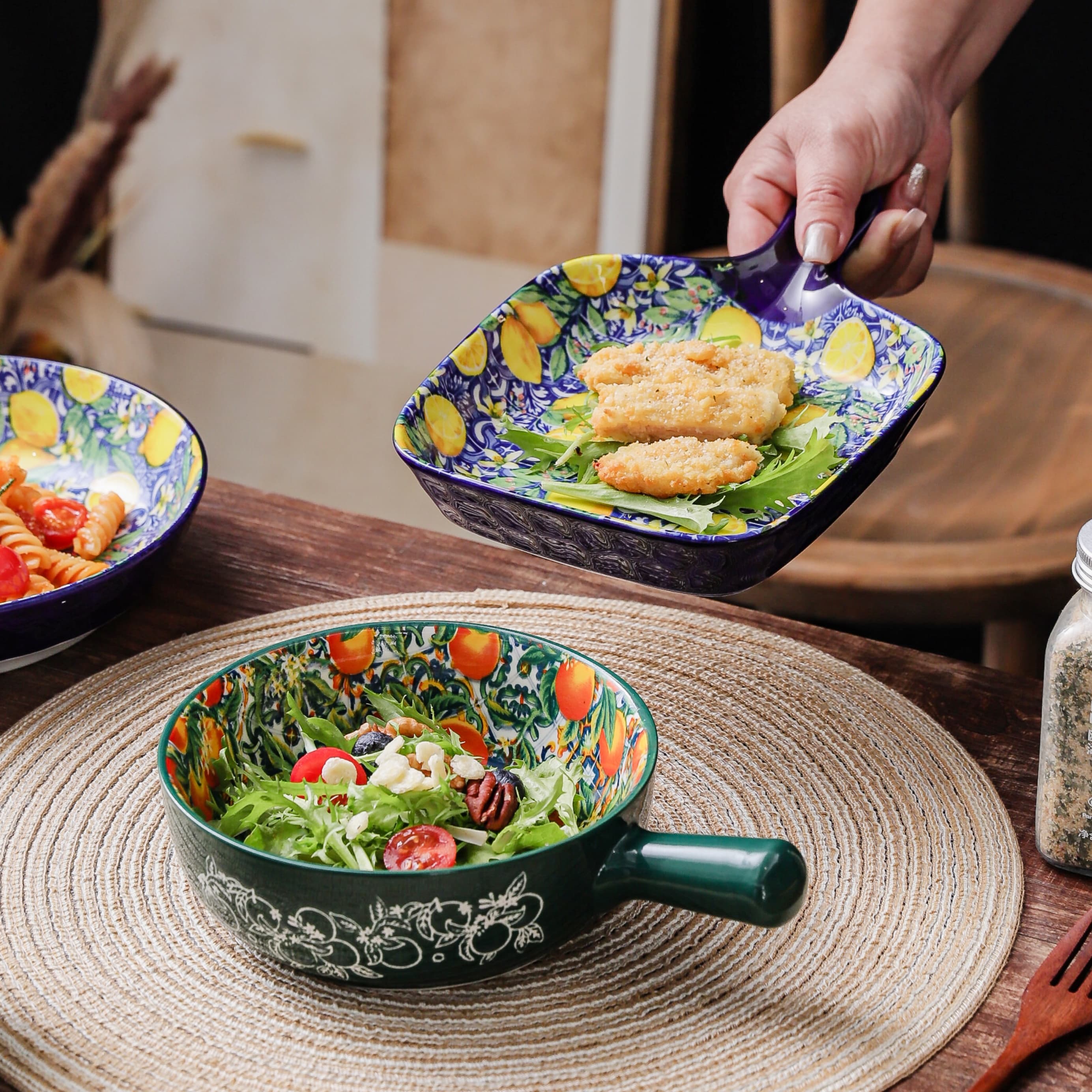 HongDian Mediterranean Fruit Pattern Tableware Series,Optional 8 in Plate,8.5 in Handle Bowl,Lemon Orange Pomegranate Peach Design,Premium Ceramic,SGS Tested Underglaze Fade Resistant,Microwave Dishwasher Oven Sterilizer Safe,Pasta Salad Dessert Serving