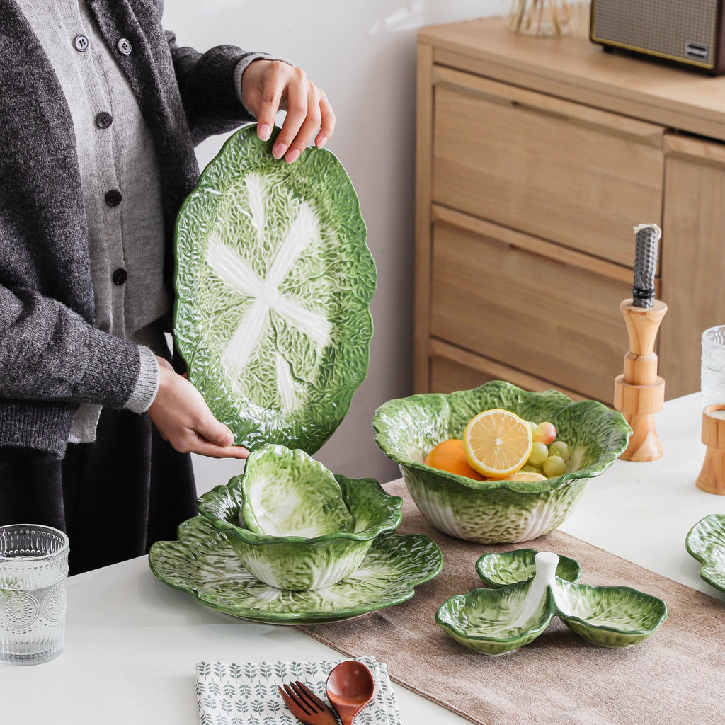 HongDian Green Cabbage Ceramic Bowls Plates, Creative Hand Painted Dinnerware, 2 Pack Plates, 5/7.5/10 in 200/580/1500 ml, Premium Ceramic, Mom Baby Friendly, Home Party Gift, Underglaze, Microwave Oven Dishwasher Sterilizer Safe, Salad Soup Fruit Dessert