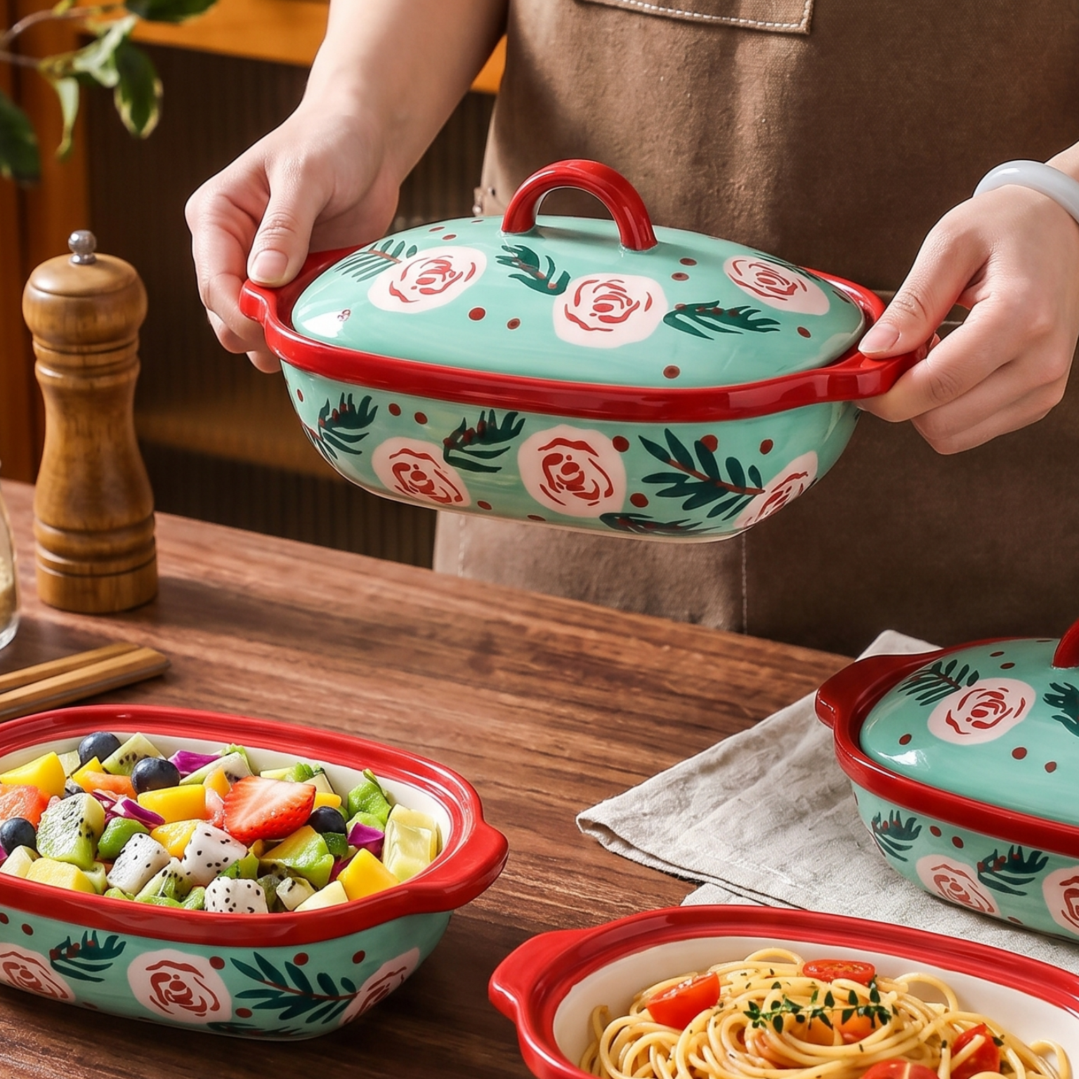 HongDian Mint Pink Rose Ceramic Baking Bowl,Covered Casserole Dish 480ml 16 oz,Hand Painted Floral Pattern,Premium Ceramic,Underglaze Non Fading,Oven Microwave Dishwasher Safe,Small Portion Gratin Dessert Dip Meal Serving Kitchen Gift Decor