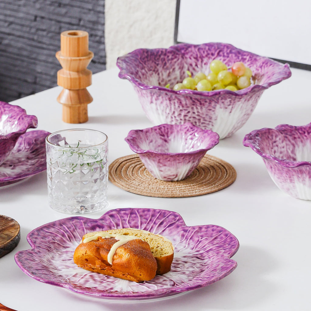 HongDian Purple Cabbage Shaped Dinnerware,Hand Painted Porcelain Bowl Plate 5/7.5/10/14 in,200/500/1500ml 7/17/50 oz,Purple White,SGS Tested Underglaze Fade Resistant,Oven Microwave Dishwasher Sterilizer Safe,Home Gift Party