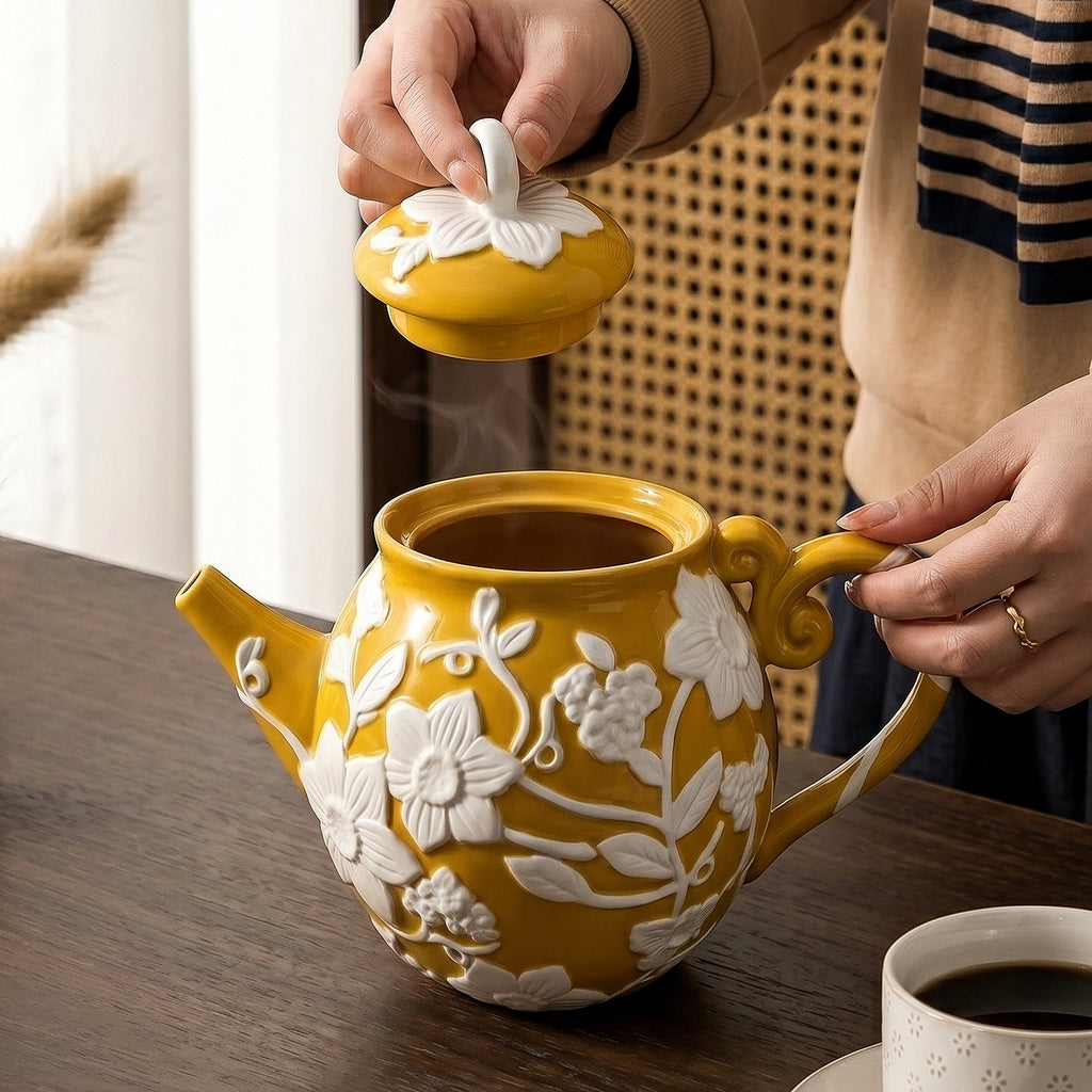 HongDian Yellow White Sunflower Embossed Ceramic Teapot,Lidded Water Kettle 9 in 1100ml 37 oz,Relief Flower Craft,Premium Porcelain,SGS Tested Underglaze Fade Resistant,Microwave Dishwasher Oven Sterilizer Safe,Tea Time Coffee Bar Gift Decor