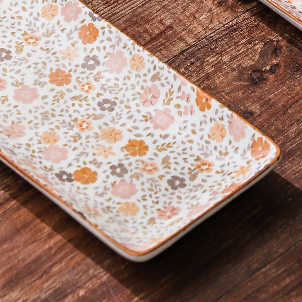 HongDian Japanese Floral Ceramic Plate 2 Pack,8 in Rectangular Serving Dish,Pink Beige,Premium Ceramic,SGS Tested Underglaze Fade Resistant,Microwave Dishwasher Oven Sterilizer Safe,Dessert Pasta Salad Snack Serving Table Setting Gift Decor