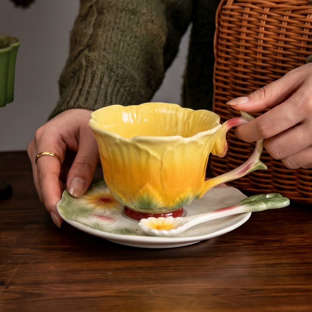 HongDian Pastel Floral Cup Saucer Series,Optional Embossed Coffee Tea Cup,Hand Painted Craft,Relief Flower Handle,Premium Porcelain,Pink Yellow ,SGS Tested Underglaze Fade Resistant,Microwave Dishwasher Oven Sterilizer Safe,Afternoon Tea