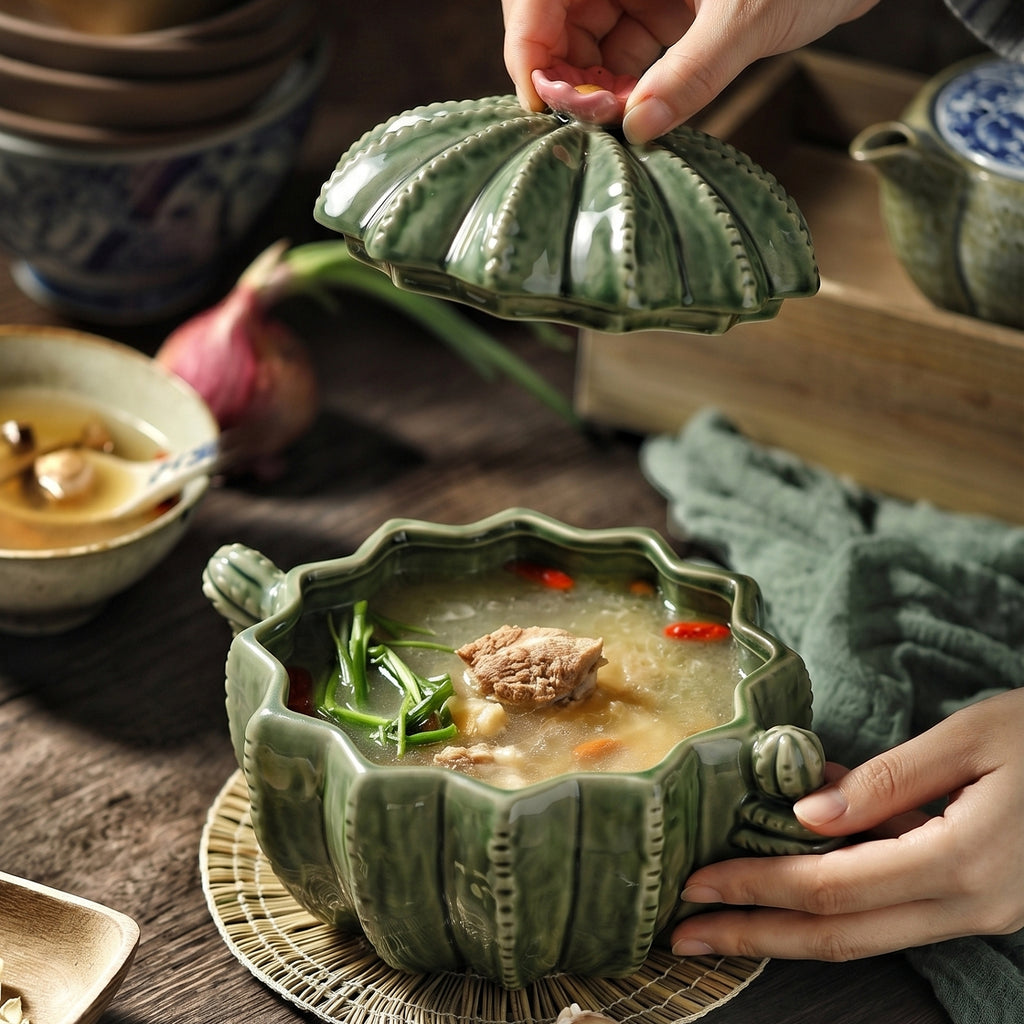 HongDian Green Cactus Lidded Soup Pot,Double Handle Bowl,8.5 in,950ml 32 oz,Premium Ceramic,SGS Tested Underglaze Fade Resistant,Microwave Dishwasher Oven Sterilizer Safe,Daily Meals Baby Food Stew Pasta Family Kitchen Decor Unique Cookware