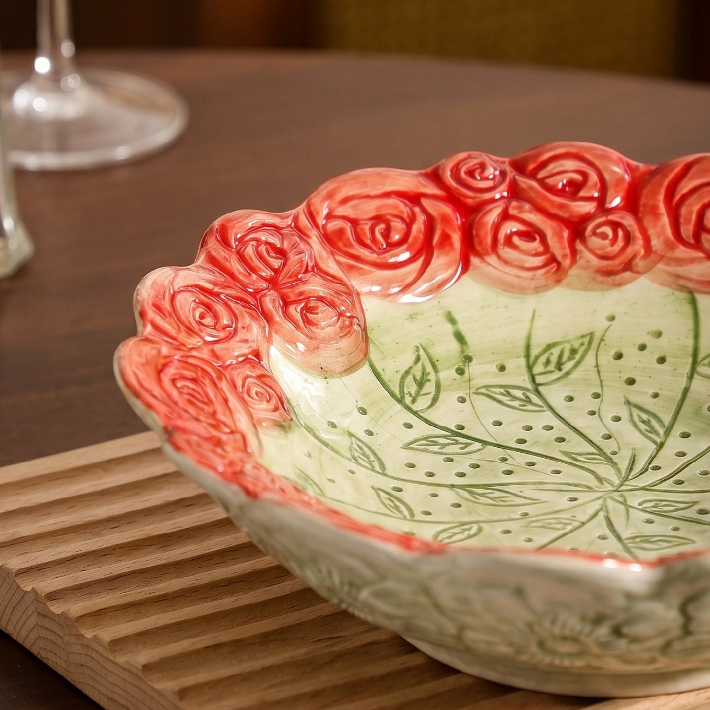 HongDian Rose Embossed Ceramic Plate 2 Pack,7.5 in Hand Painted Floral Dessert Salad Dish,Rose Rim,Sage Green Red,Premium Ceramic,Underglaze Non Fading,Microwave Dishwasher Safe,Tea Time Appetizer Pastry Serving,Cottagecore Table Decor Gift