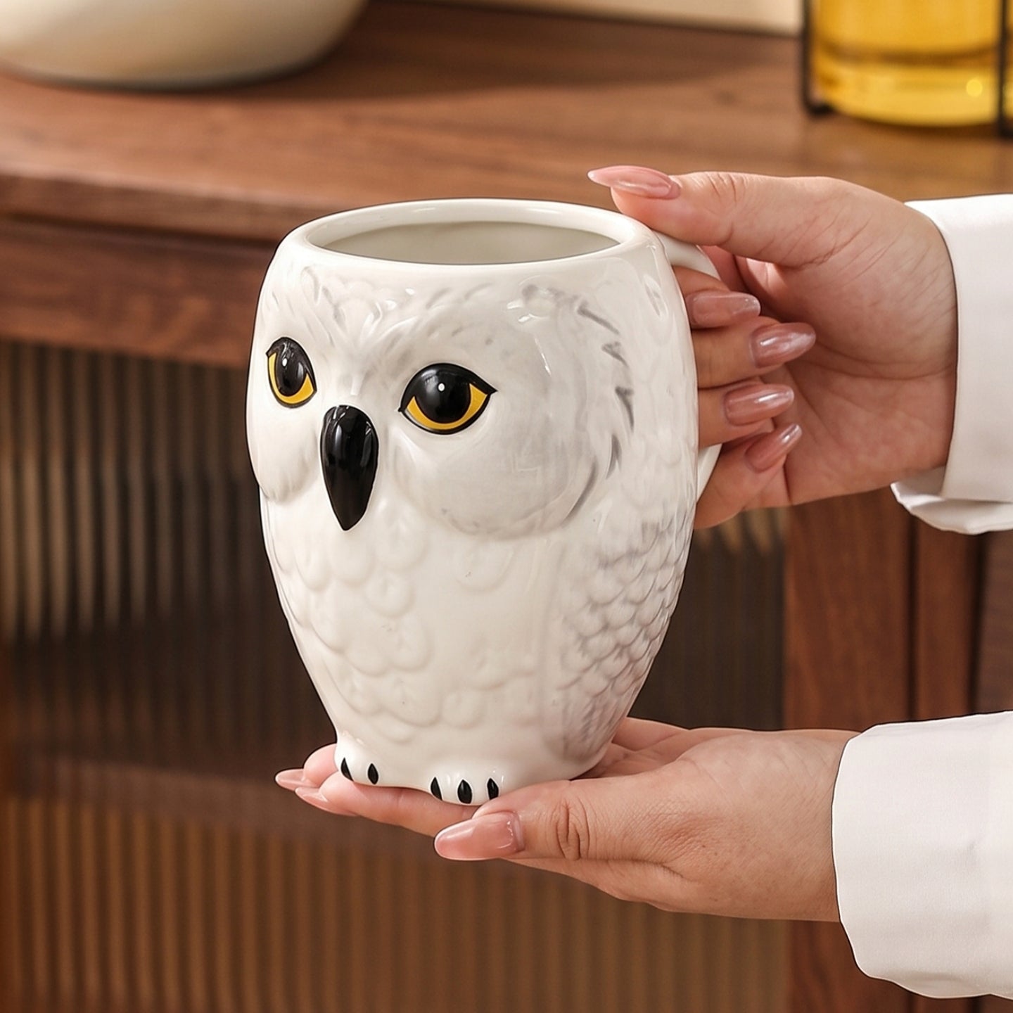 HongDian White Owl Shaped Ceramic Mug,Cute Animal Coffee Tea Cup with Handle,4.28/4.68/3.04 in,Premium Ceramic,SGS Tested Underglaze Fade Resistant,Microwave Dishwasher Sterilizer Safe,Milk Coffee Tea Breakfast Use Office Desk Decor Gift