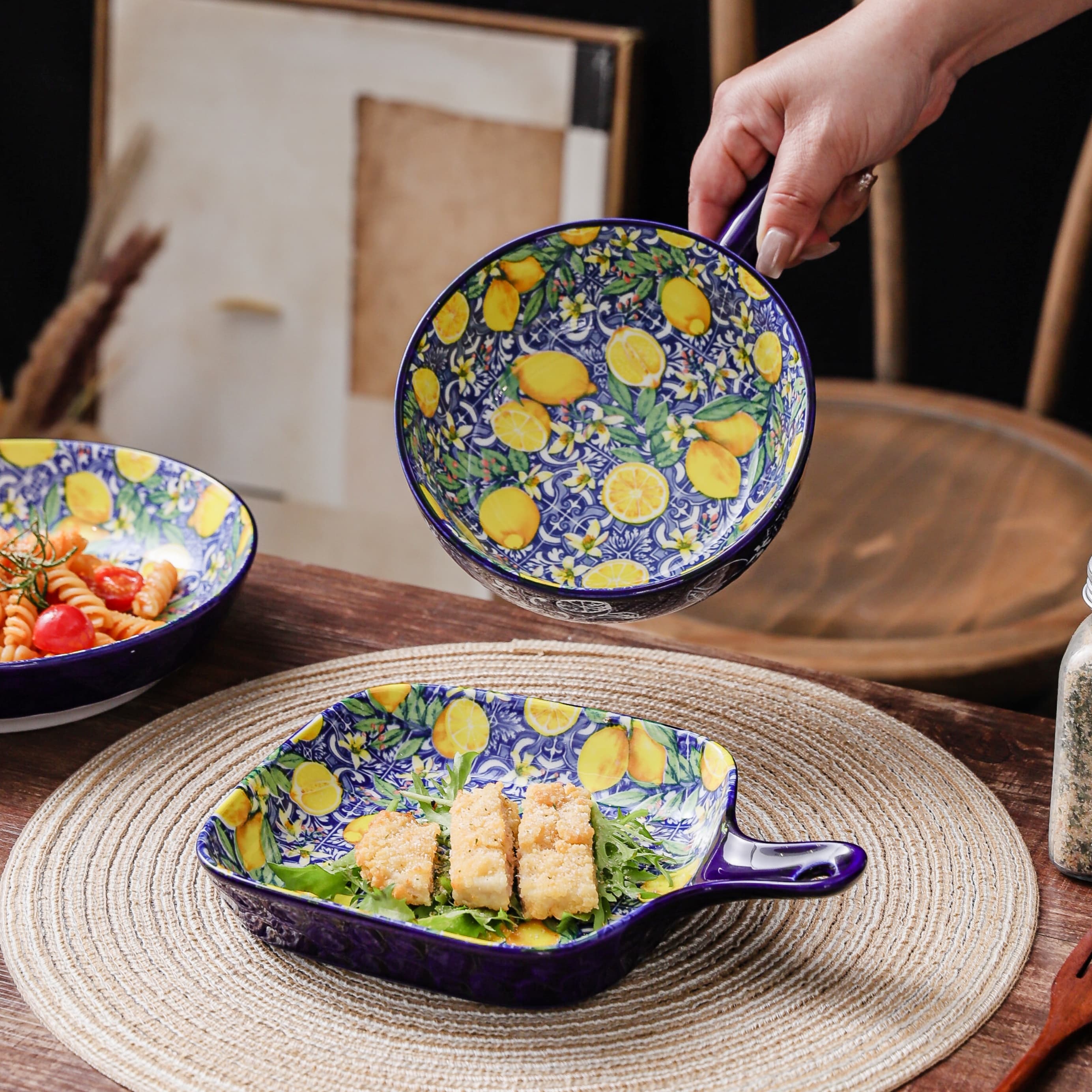 HongDian Mediterranean Fruit Pattern Tableware Series,Optional 8 in Plate,8.5 in Handle Bowl,Lemon Orange Pomegranate Peach Design,Premium Ceramic,SGS Tested Underglaze Fade Resistant,Microwave Dishwasher Oven Sterilizer Safe,Pasta Salad Dessert Serving