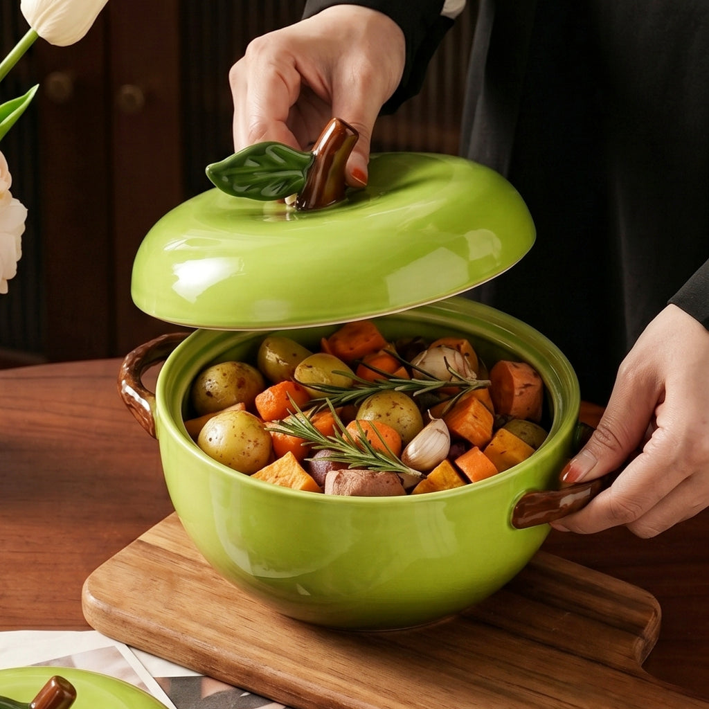 HongDian Red Green Apple Lidded Soup Bowl,Double Handle Ceramic Pot,Hand Painted Craft,Premium Porcelain,8/7.5 in,1650/800ml 56/27 oz,SGS Tested Underglaze Fade Resistant,Microwave Dishwasher Oven Sterilizer Safe,Soup Stew Baby Food Family