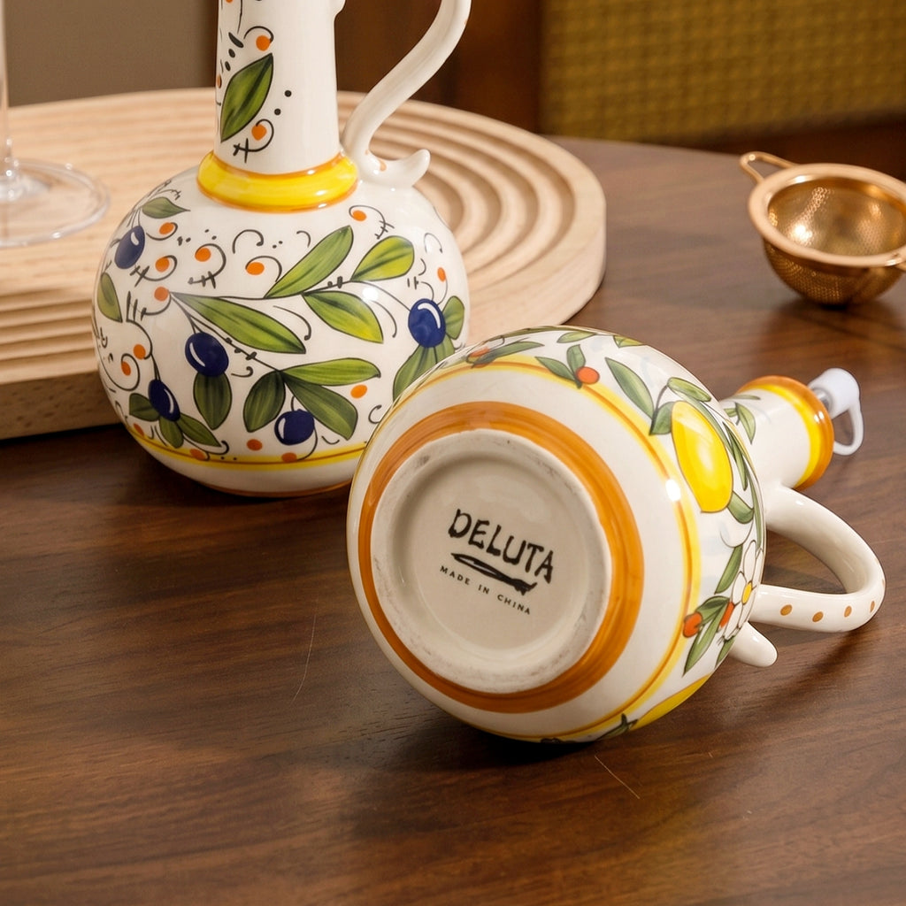 HongDian Vintage Ceramic Oil Dispenser Series,Optional Olive Vine Pattern Vinegar Bottle,Handle Pour Spout,550/600ml 19/20 oz,Premium Ceramic,SGS Tested Underglaze Fade Resistant,Kitchen Counter Cooking Salad Dressing Coffee Bar Table Decor