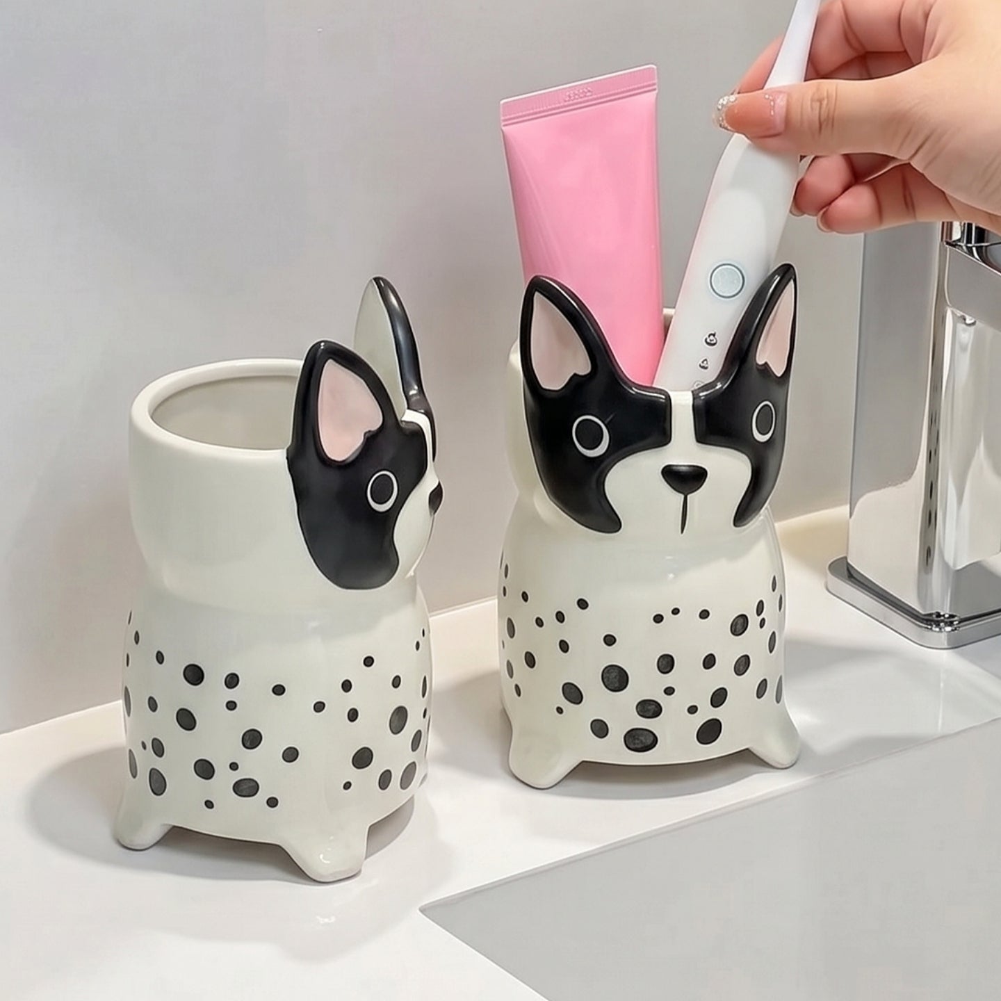HongDian Spotted Dog Ceramic Utensil Holder,Kitchen Cutlery Flatware Caddy,Fork Spoon Chopstick Drain Holder,Bathroom Toothbrush Organizer,Black White,Premium Ceramic,Drain Hole Base,SGS Tested Underglaze Fade Resistant,Dishwasher Sterilizer Safe