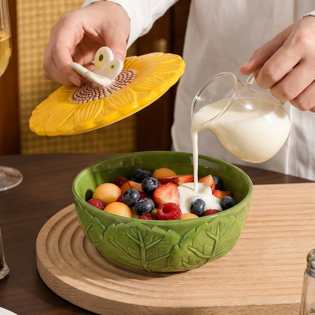 HongDian Sunflower Butterfly Lidded Bowl,550ml 19 oz Ceramic Serving Dish,Yellow Green Flower Lid with Butterfly Handle,Premium Ceramic,Leaf Relief Texture,Microwave Dishwasher Safe,For Salad Yogurt Snack Dessert,Kitchen Table Gift Decor