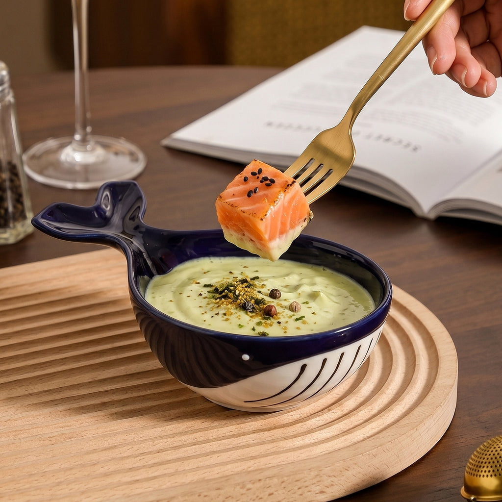 HongDian Navy Whale Shaped Dipping Dish Pet Bowl Series,Optional Ceramic Sauce Bowl 220/150/80ml 8/5/3 oz,Premium Porcelain,Blue White,SGS Tested Underglaze Fade Resistant,Microwave Dishwasher Oven Sterilizer Safe,Sushi Snack Condiment Pet Feeding