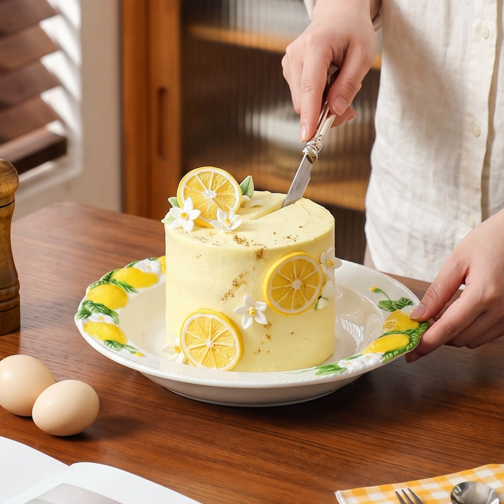 HongDian Yellow Lemon Pattern Tableware Series,Optional Leaf Shaped Plate,Embossed Hand Painted Craft,Premium Porcelain,Yellow White,SGS Tested Underglaze Fade Resistant,Microwave Dishwasher Oven Sterilizer Safe,Tea Time Dessert Serving Table Decor