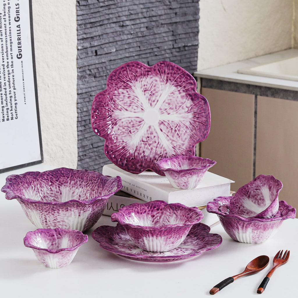 HongDian Purple Cabbage Shaped Dinnerware,Hand Painted Porcelain Bowl Plate 5/7.5/10/14 in,200/500/1500ml 7/17/50 oz,Purple White,SGS Tested Underglaze Fade Resistant,Oven Microwave Dishwasher Sterilizer Safe,Home Gift Party