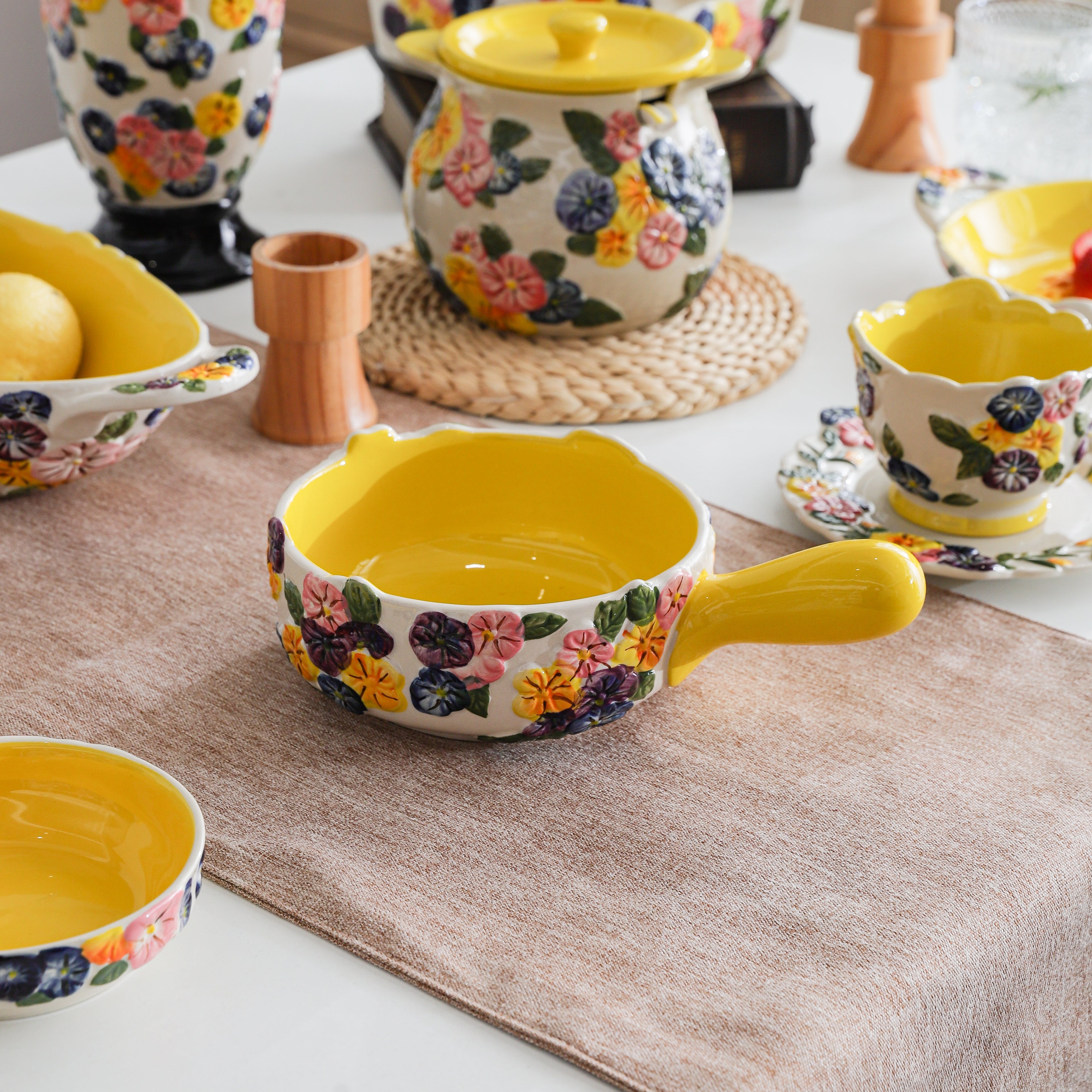 HongDian Yellow Floral Tableware Series,Optional Embossed Cup Bowl Plate,Hand Painted Craft,Premium Porcelain,Yellow,SGS Tested Underglaze Fade Resistant,Microwave Dishwasher Oven Sterilizer Safe,Tea Time Dessert Serving Breakfast Use Gift Decor
