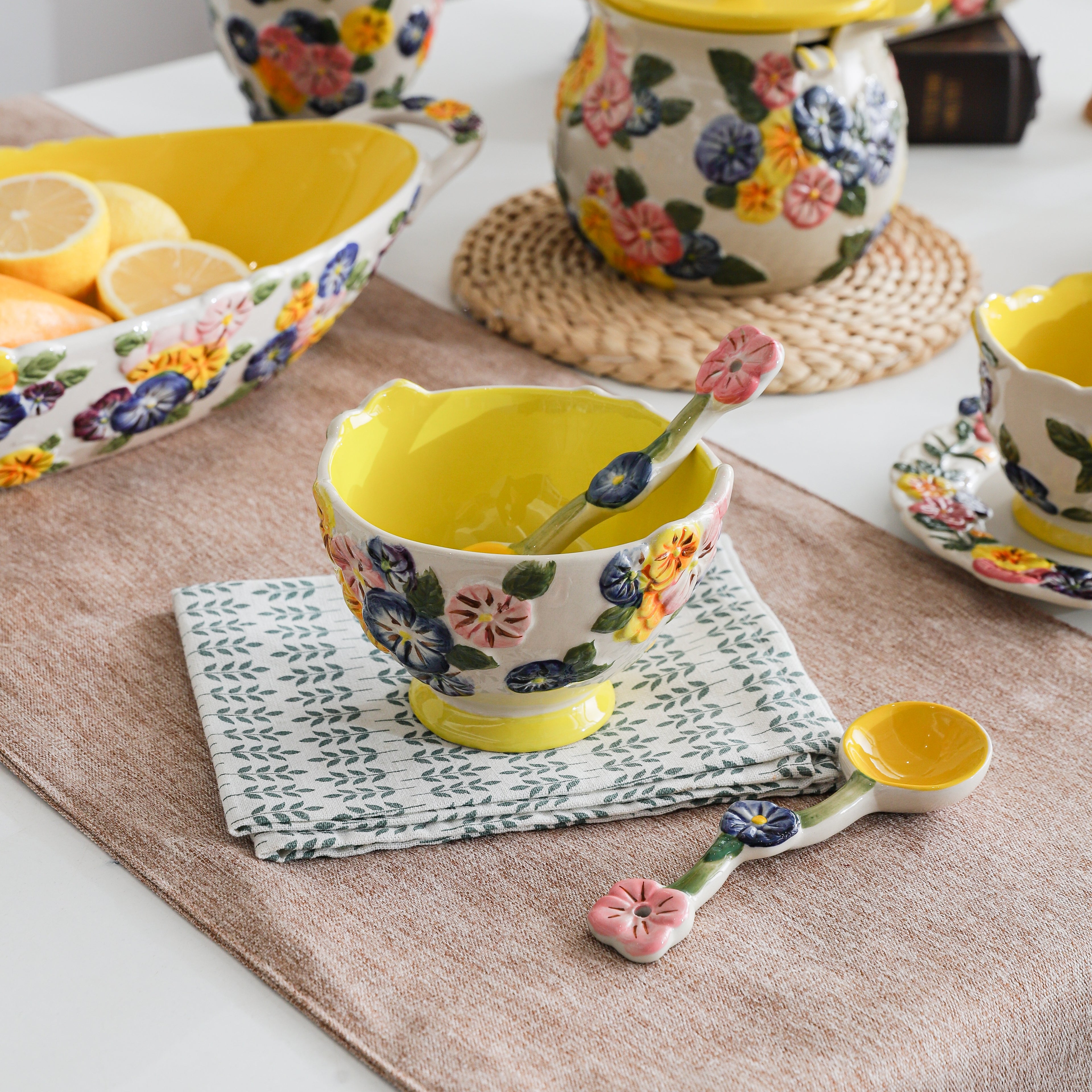HongDian Yellow Floral Tableware Series,Optional Embossed Cup Bowl Plate,Hand Painted Craft,Premium Porcelain,Yellow,SGS Tested Underglaze Fade Resistant,Microwave Dishwasher Oven Sterilizer Safe,Tea Time Dessert Serving Breakfast Use Gift Decor