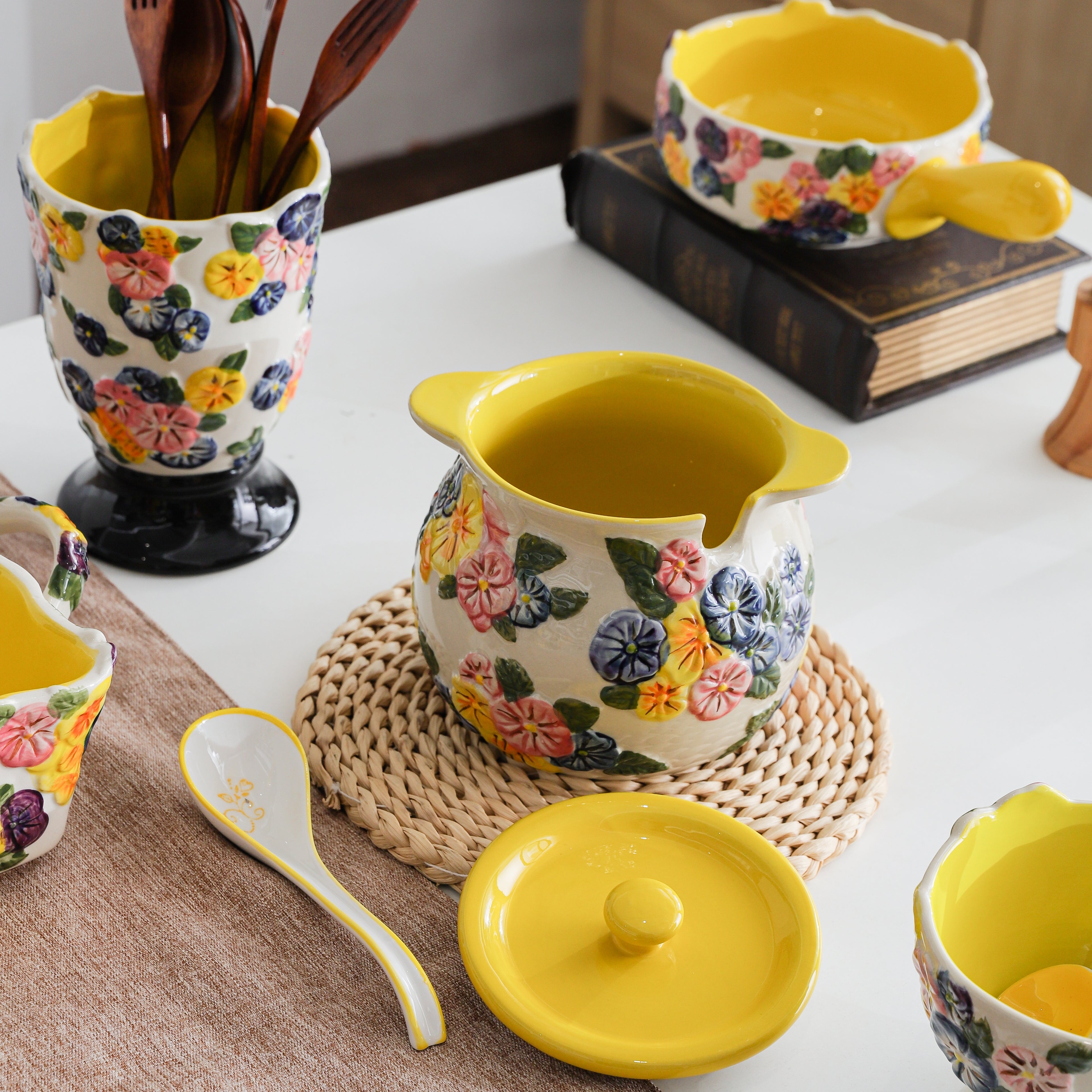HongDian Yellow Floral Tableware Series,Optional Embossed Cup Bowl Plate,Hand Painted Craft,Premium Porcelain,Yellow,SGS Tested Underglaze Fade Resistant,Microwave Dishwasher Oven Sterilizer Safe,Tea Time Dessert Serving Breakfast Use Gift Decor