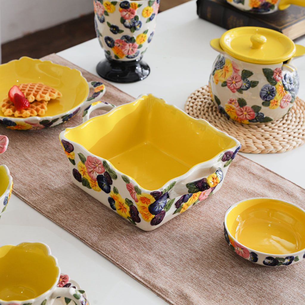 HongDian Yellow Floral Tableware Series,Optional Embossed Cup Bowl Plate,Hand Painted Craft,Premium Porcelain,Yellow,SGS Tested Underglaze Fade Resistant,Microwave Dishwasher Oven Sterilizer Safe,Tea Time Dessert Serving Breakfast Use Gift Decor