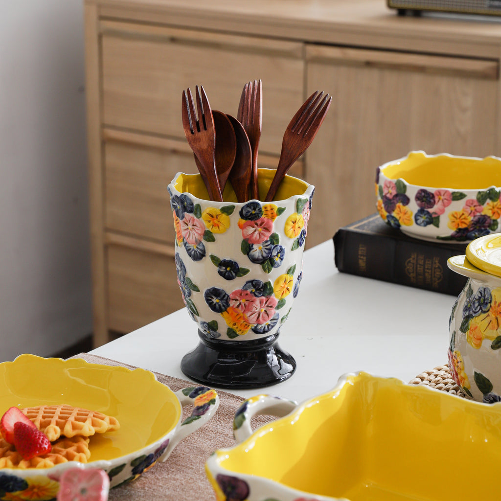 HongDian Yellow Floral Tableware Series,Optional Embossed Cup Bowl Plate,Hand Painted Craft,Premium Porcelain,Yellow,SGS Tested Underglaze Fade Resistant,Microwave Dishwasher Oven Sterilizer Safe,Tea Time Dessert Serving Breakfast Use Gift Decor