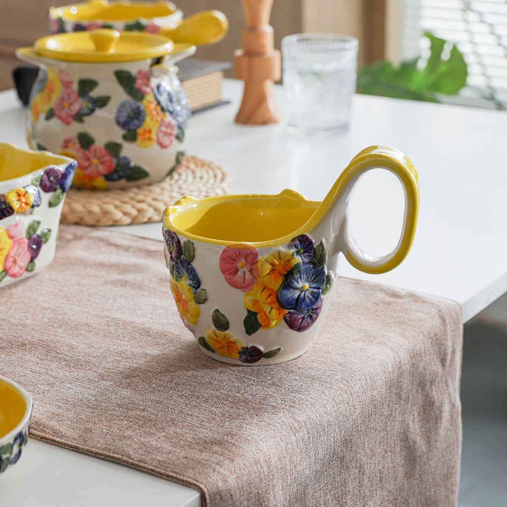 HongDian Yellow Floral Tableware Series,Optional Embossed Cup Bowl Plate,Hand Painted Craft,Premium Porcelain,Yellow,SGS Tested Underglaze Fade Resistant,Microwave Dishwasher Oven Sterilizer Safe,Tea Time Dessert Serving Breakfast Use Gift Decor