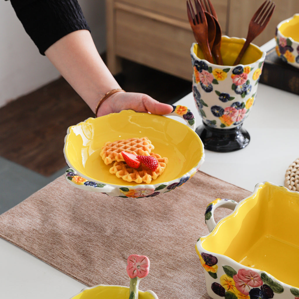 HongDian Yellow Floral Tableware Series,Optional Embossed Cup Bowl Plate,Hand Painted Craft,Premium Porcelain,Yellow,SGS Tested Underglaze Fade Resistant,Microwave Dishwasher Oven Sterilizer Safe,Tea Time Dessert Serving Breakfast Use Gift Decor