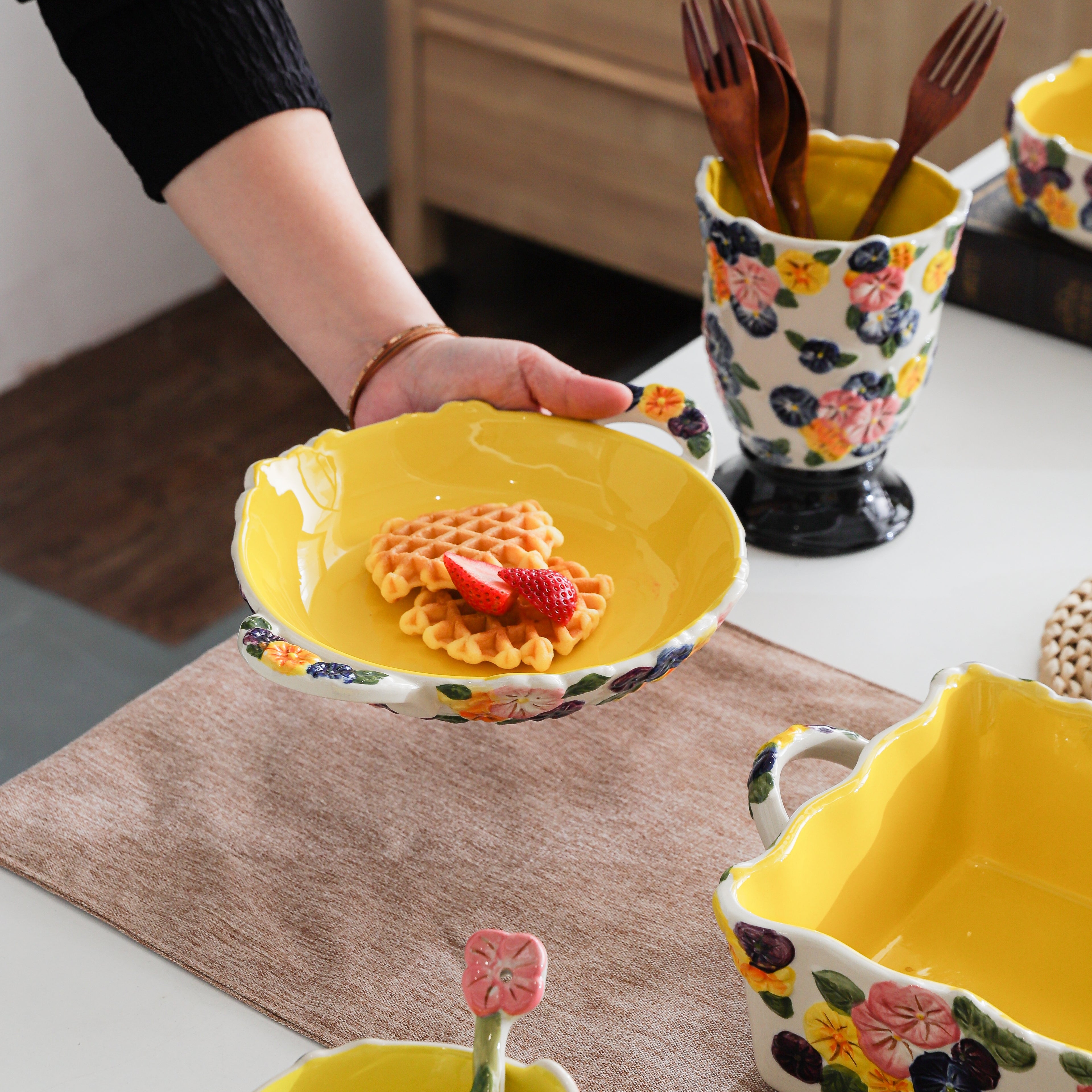 HongDian Yellow Floral Tableware Series,Optional Embossed Cup Bowl Plate,Hand Painted Craft,Premium Porcelain,Yellow,SGS Tested Underglaze Fade Resistant,Microwave Dishwasher Oven Sterilizer Safe,Tea Time Dessert Serving Breakfast Use Gift Decor