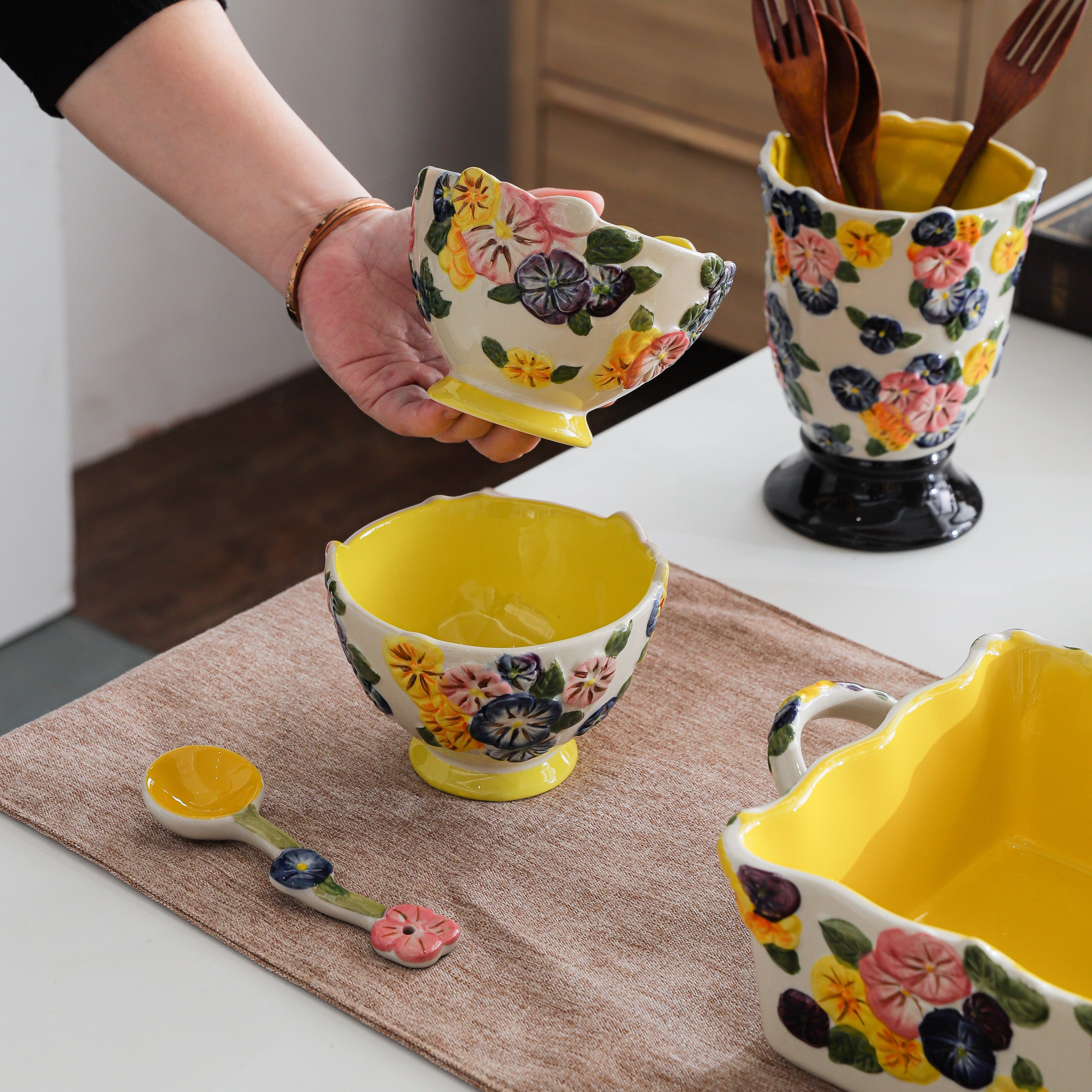 HongDian Yellow Floral Tableware Series,Optional Embossed Cup Bowl Plate,Hand Painted Craft,Premium Porcelain,Yellow,SGS Tested Underglaze Fade Resistant,Microwave Dishwasher Oven Sterilizer Safe,Tea Time Dessert Serving Breakfast Use Gift Decor