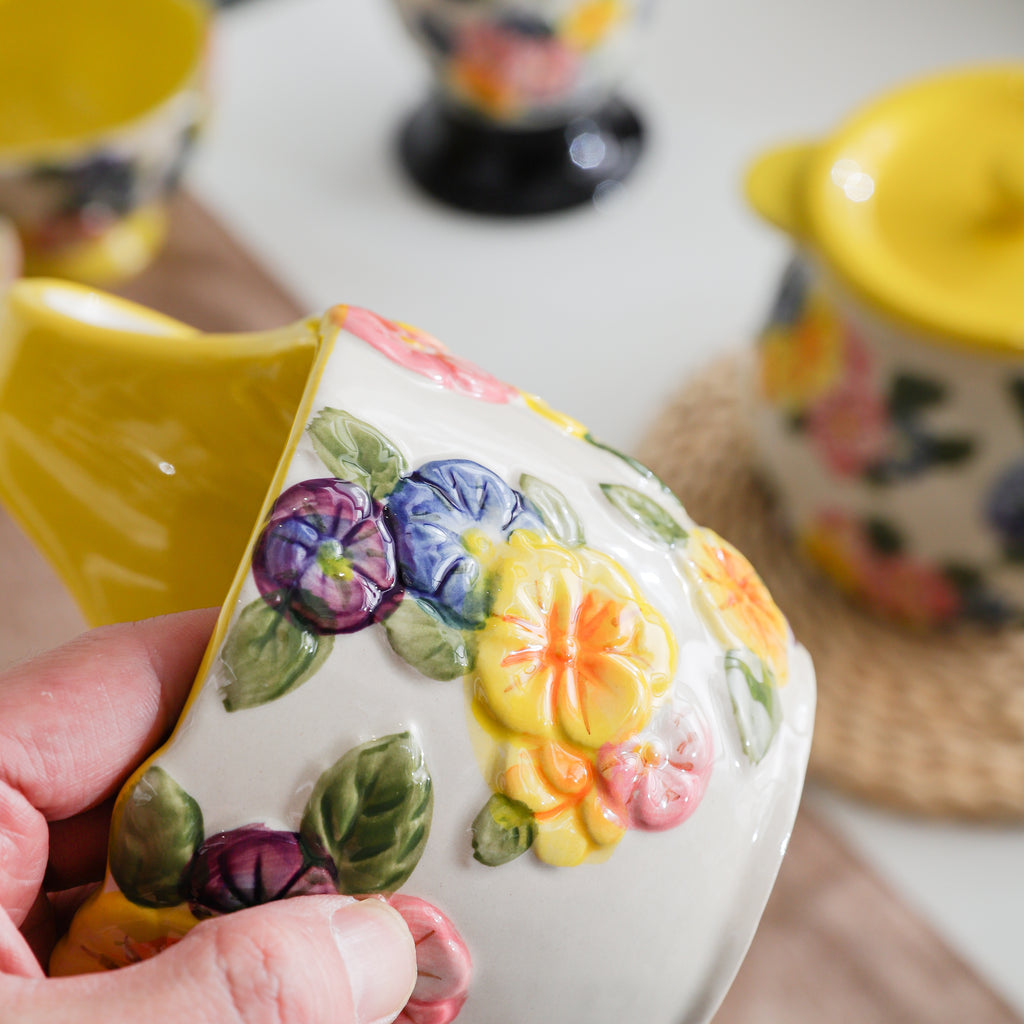 HongDian Yellow Floral Tableware Series,Optional Embossed Cup Bowl Plate,Hand Painted Craft,Premium Porcelain,Yellow,SGS Tested Underglaze Fade Resistant,Microwave Dishwasher Oven Sterilizer Safe,Tea Time Dessert Serving Breakfast Use Gift Decor