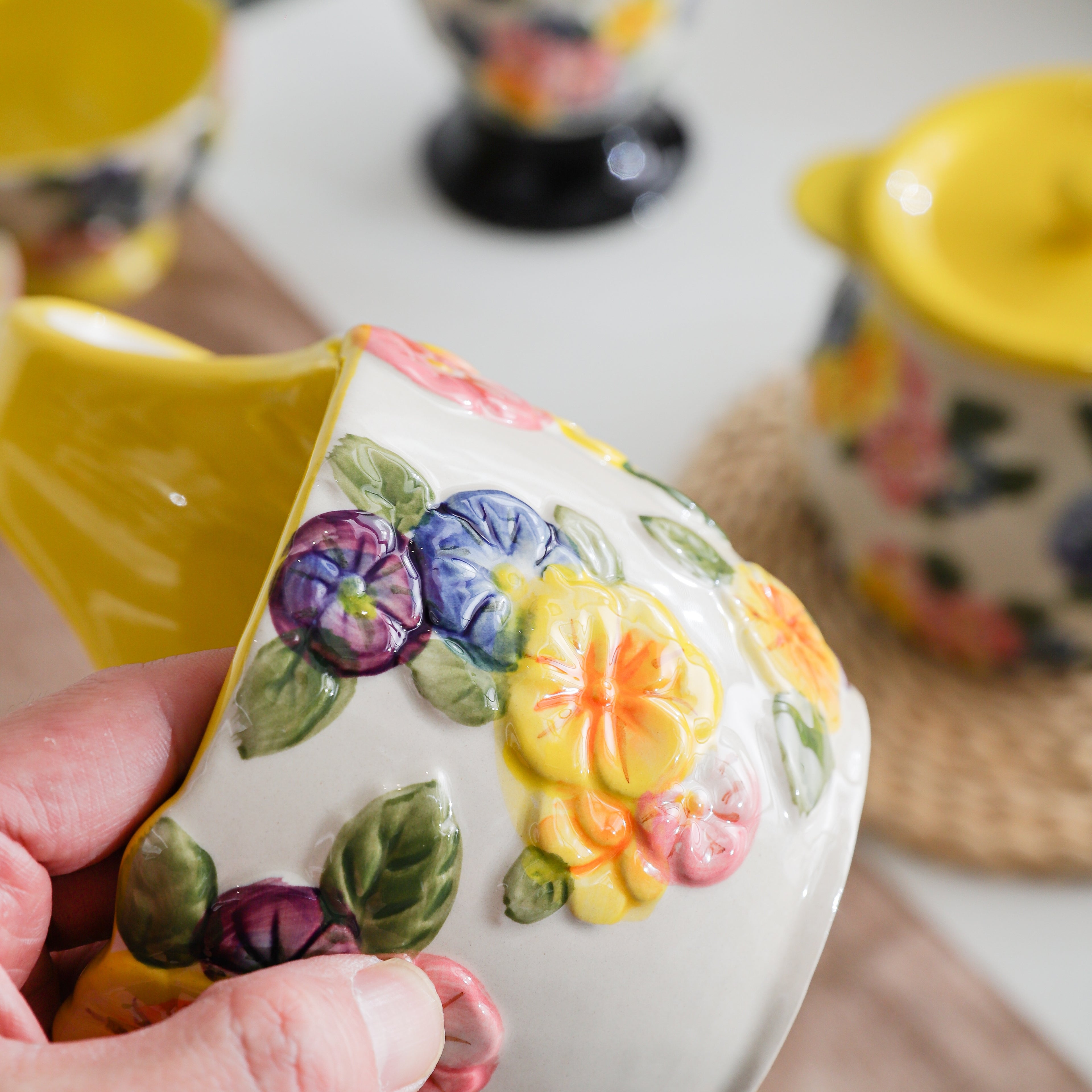 HongDian Yellow Floral Tableware Series,Optional Embossed Cup Bowl Plate,Hand Painted Craft,Premium Porcelain,Yellow,SGS Tested Underglaze Fade Resistant,Microwave Dishwasher Oven Sterilizer Safe,Tea Time Dessert Serving Breakfast Use Gift Decor