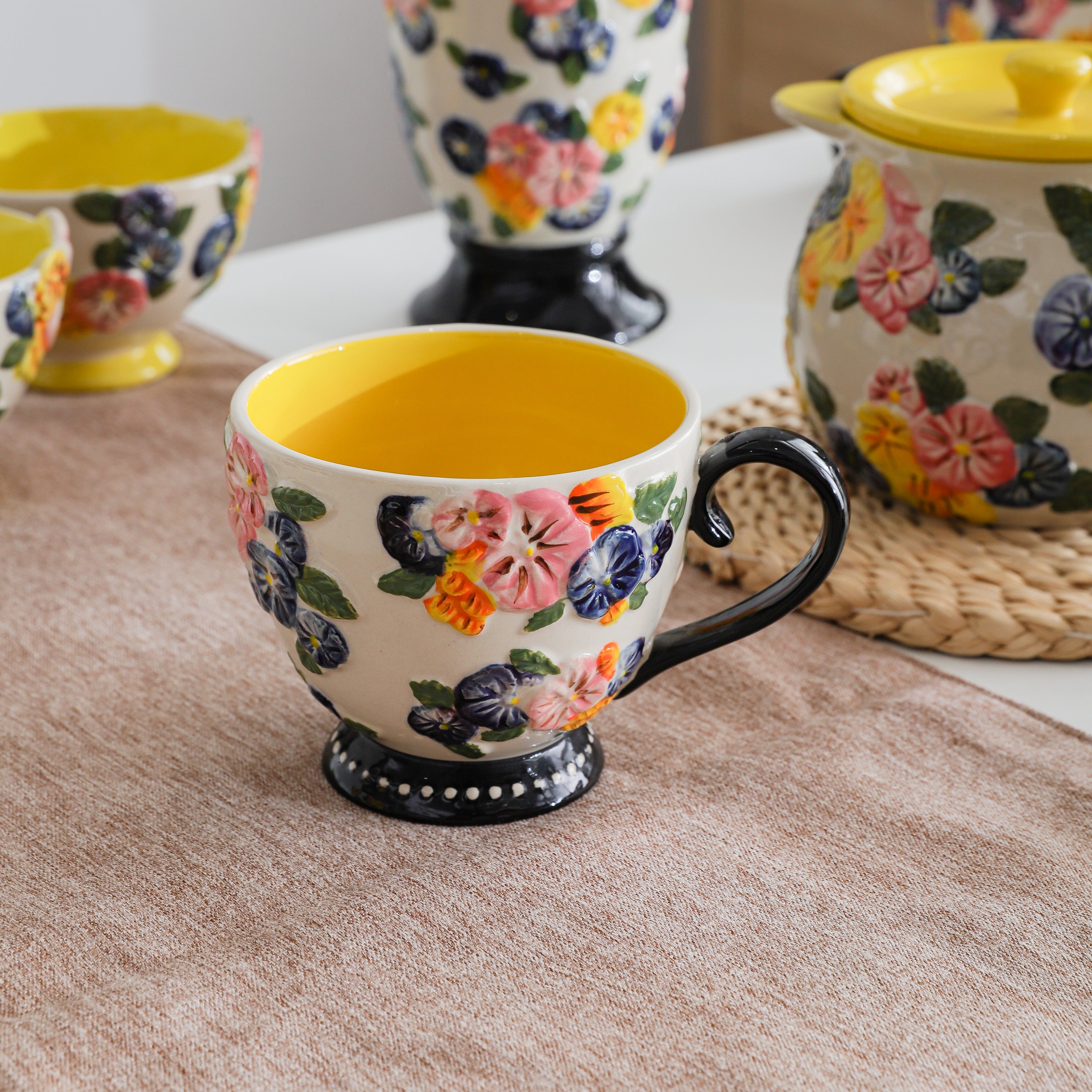 HongDian Yellow Floral Tableware Series,Optional Embossed Cup Bowl Plate,Hand Painted Craft,Premium Porcelain,Yellow,SGS Tested Underglaze Fade Resistant,Microwave Dishwasher Oven Sterilizer Safe,Tea Time Dessert Serving Breakfast Use Gift Decor