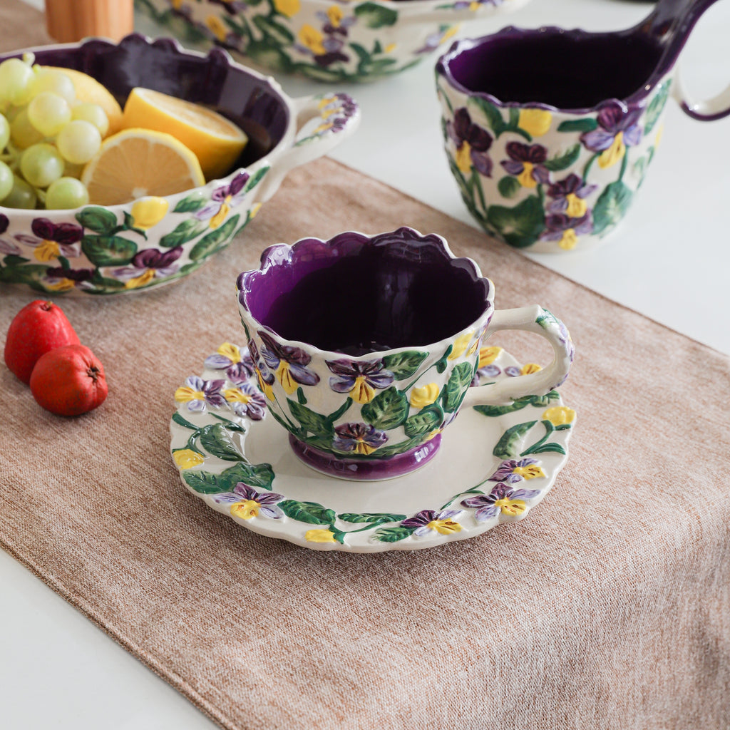 HongDian Purple Iris Floral Tableware Series,Optional Curved Handle Cup Plate Bowl,Embossed Hand Painted Craft,Premium Porcelain,Purple,SGS Tested Underglaze Color,Microwave Dishwasher Oven Sterilizer Safe,Tea Time Dessert Serving Gift Decor