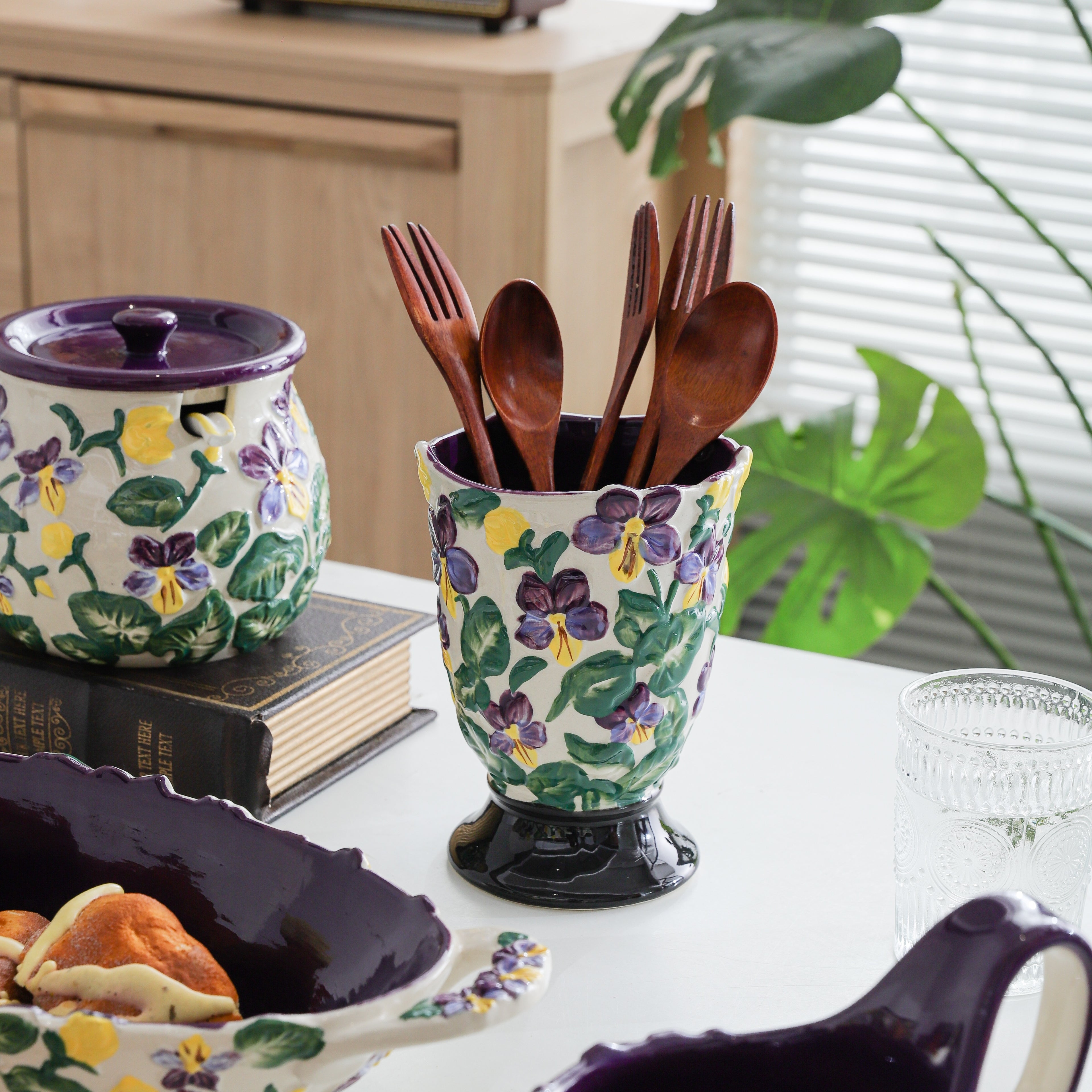 HongDian Purple Iris Floral Tableware Series,Optional Curved Handle Cup Plate Bowl,Embossed Hand Painted Craft,Premium Porcelain,Purple,SGS Tested Underglaze Color,Microwave Dishwasher Oven Sterilizer Safe,Tea Time Dessert Serving Gift Decor