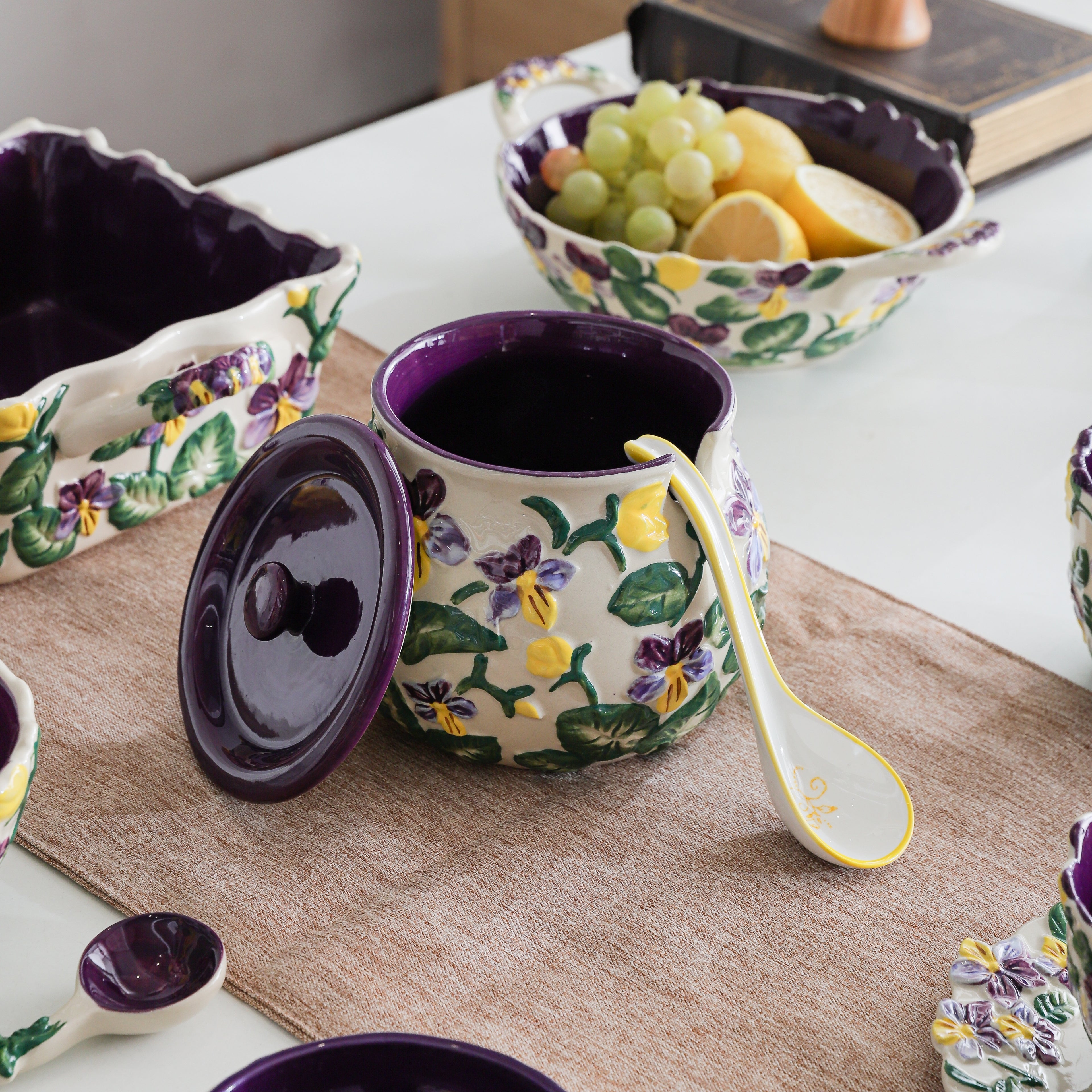 HongDian Purple Iris Floral Tableware Series,Optional Curved Handle Cup Plate Bowl,Embossed Hand Painted Craft,Premium Porcelain,Purple,SGS Tested Underglaze Color,Microwave Dishwasher Oven Sterilizer Safe,Tea Time Dessert Serving Gift Decor