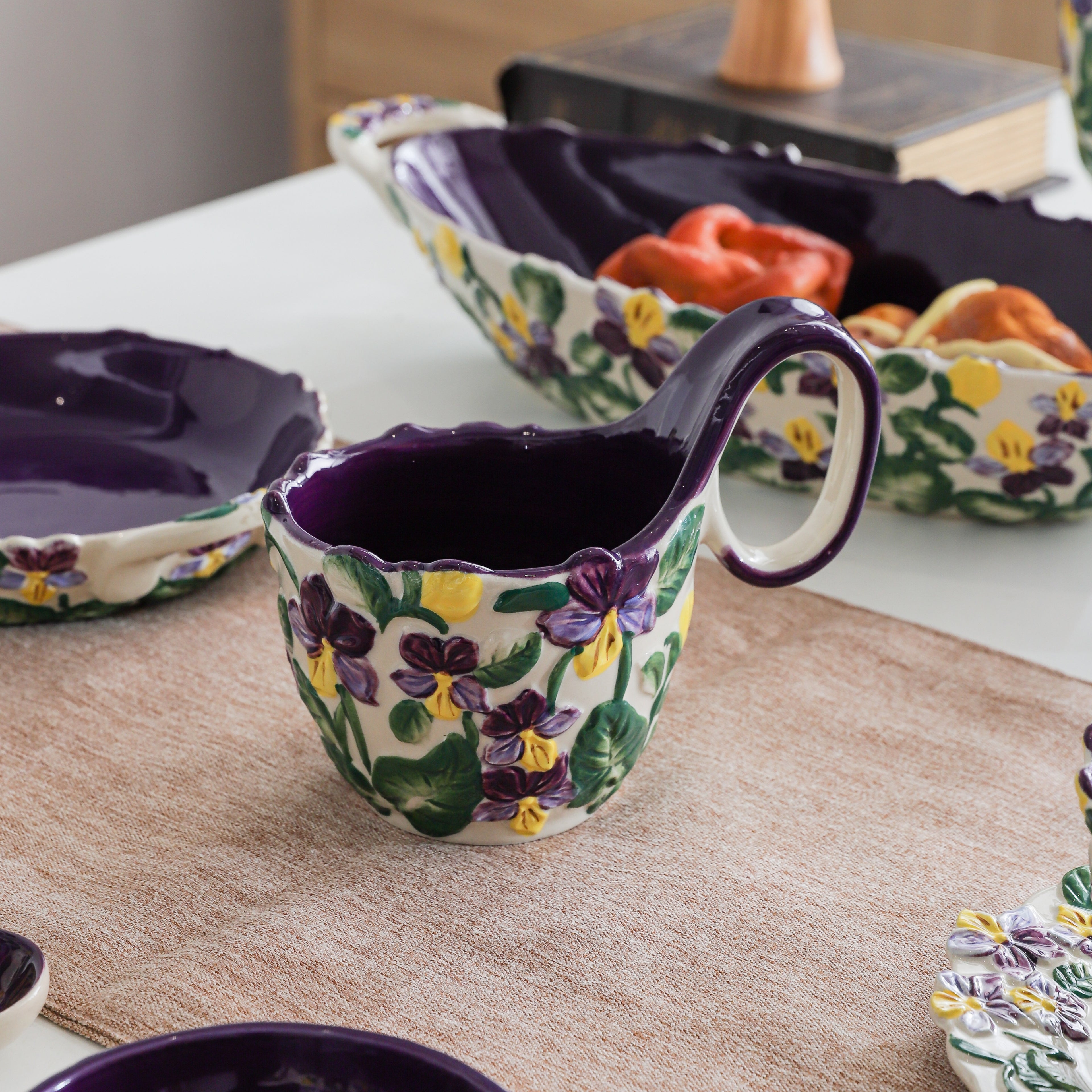 HongDian Purple Iris Floral Tableware Series,Optional Curved Handle Cup Plate Bowl,Embossed Hand Painted Craft,Premium Porcelain,Purple,SGS Tested Underglaze Color,Microwave Dishwasher Oven Sterilizer Safe,Tea Time Dessert Serving Gift Decor