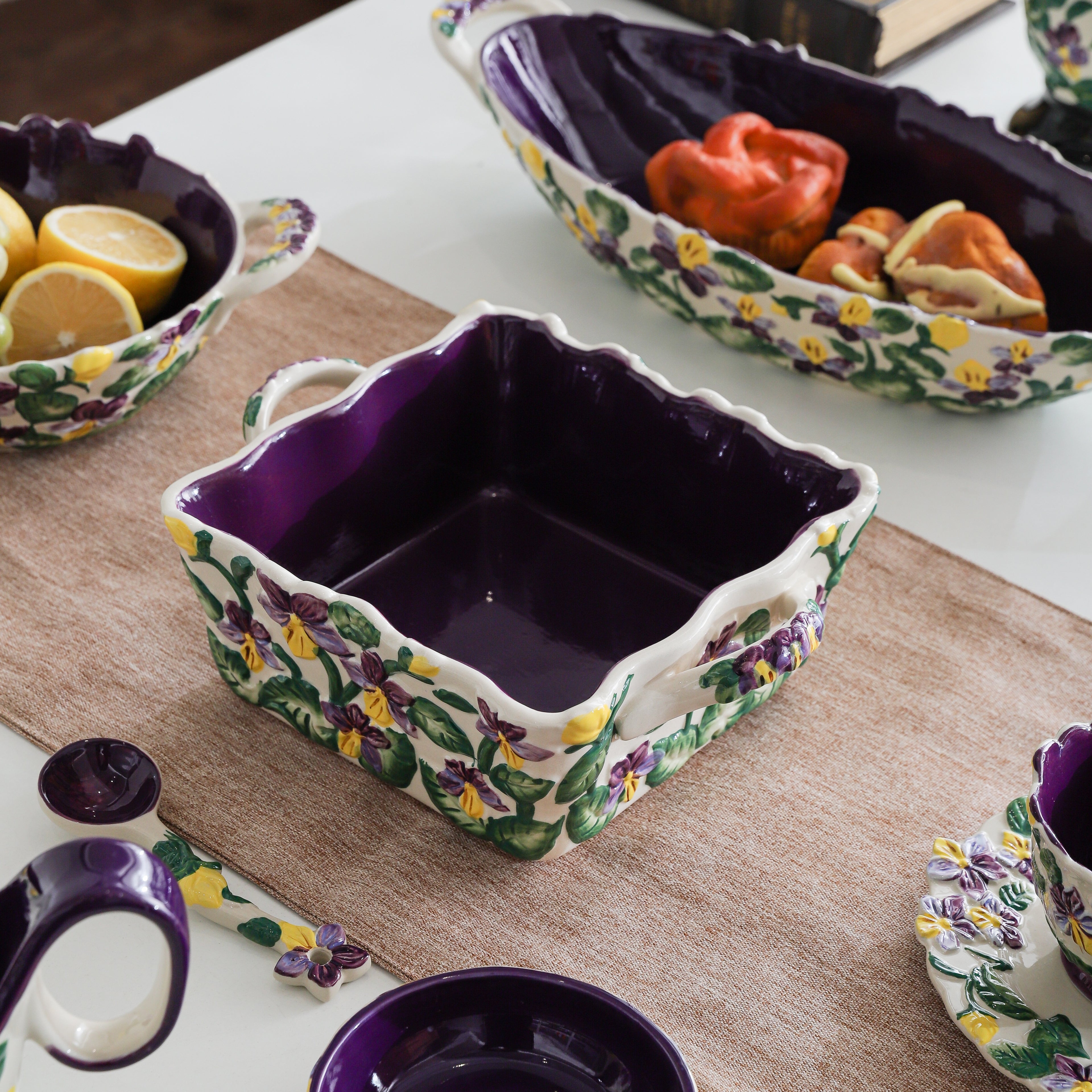 HongDian Purple Iris Floral Tableware Series,Optional Curved Handle Cup Plate Bowl,Embossed Hand Painted Craft,Premium Porcelain,Purple,SGS Tested Underglaze Color,Microwave Dishwasher Oven Sterilizer Safe,Tea Time Dessert Serving Gift Decor
