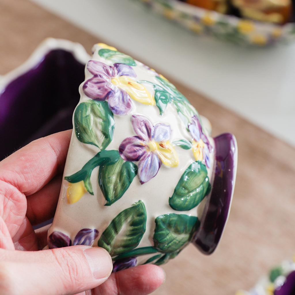 HongDian Purple Iris Floral Tableware Series,Optional Curved Handle Cup Plate Bowl,Embossed Hand Painted Craft,Premium Porcelain,Purple,SGS Tested Underglaze Color,Microwave Dishwasher Oven Sterilizer Safe,Tea Time Dessert Serving Gift Decor