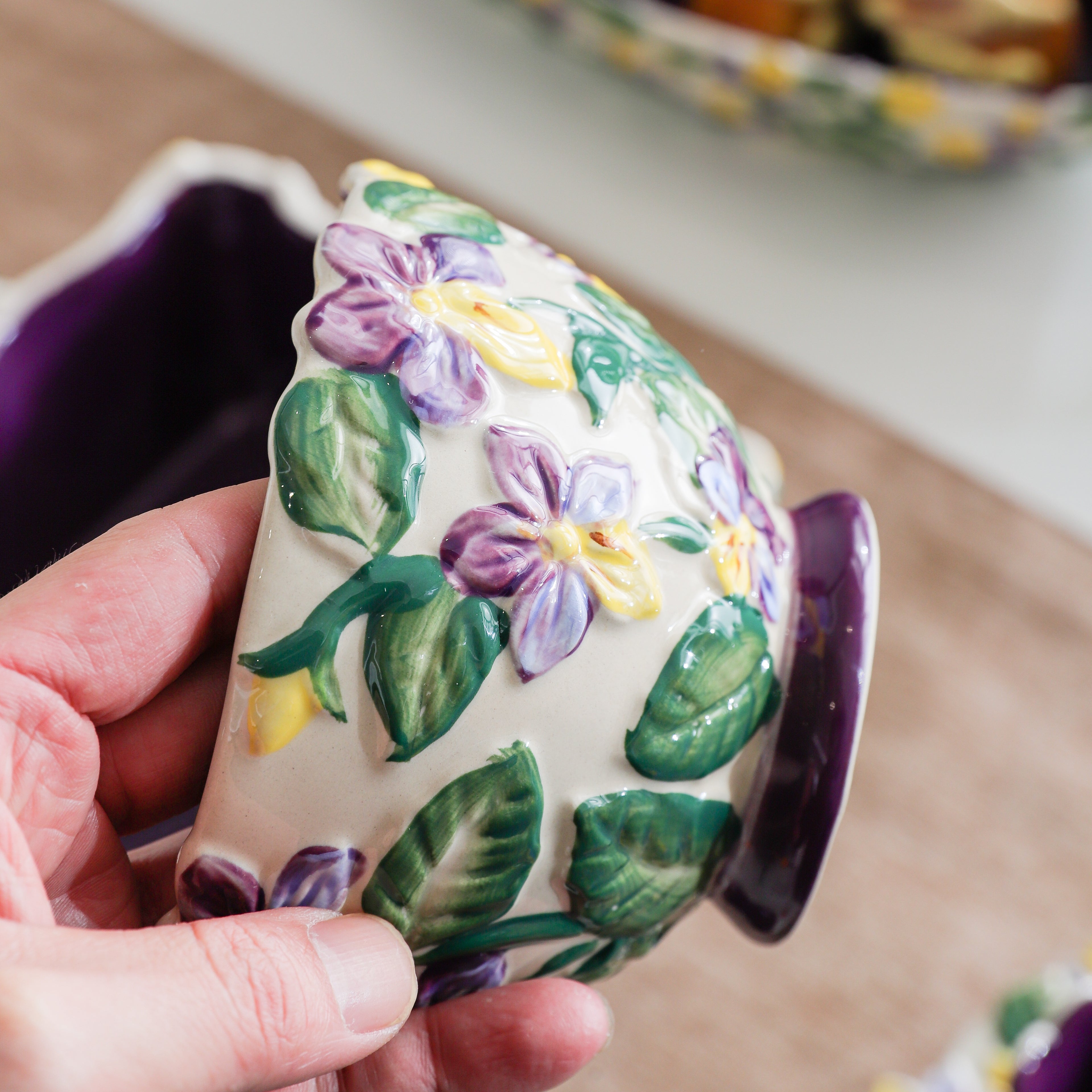 HongDian Purple Iris Floral Tableware Series,Optional Curved Handle Cup Plate Bowl,Embossed Hand Painted Craft,Premium Porcelain,Purple,SGS Tested Underglaze Color,Microwave Dishwasher Oven Sterilizer Safe,Tea Time Dessert Serving Gift Decor