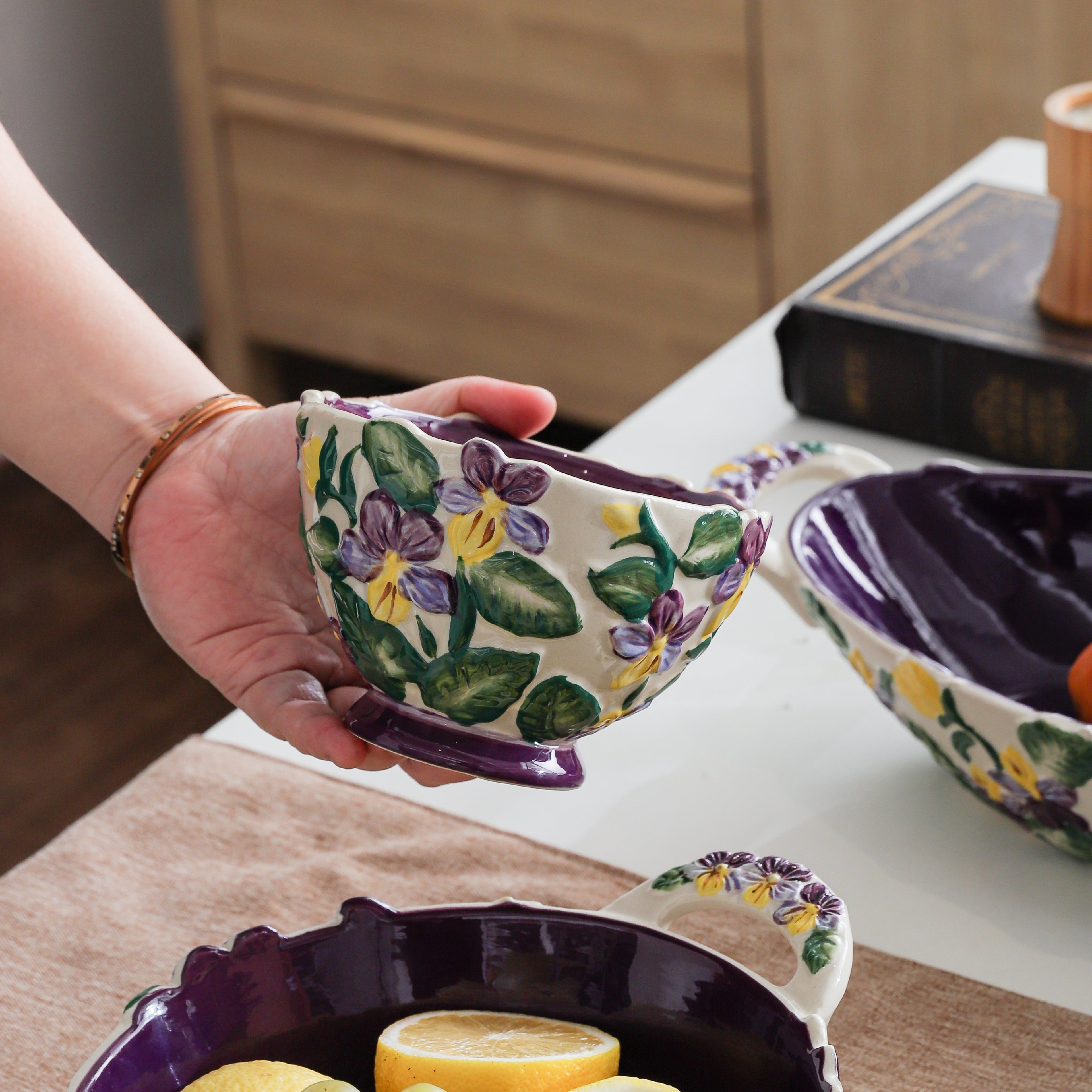HongDian Purple Iris Floral Tableware Series,Optional Curved Handle Cup Plate Bowl,Embossed Hand Painted Craft,Premium Porcelain,Purple,SGS Tested Underglaze Color,Microwave Dishwasher Oven Sterilizer Safe,Tea Time Dessert Serving Gift Decor