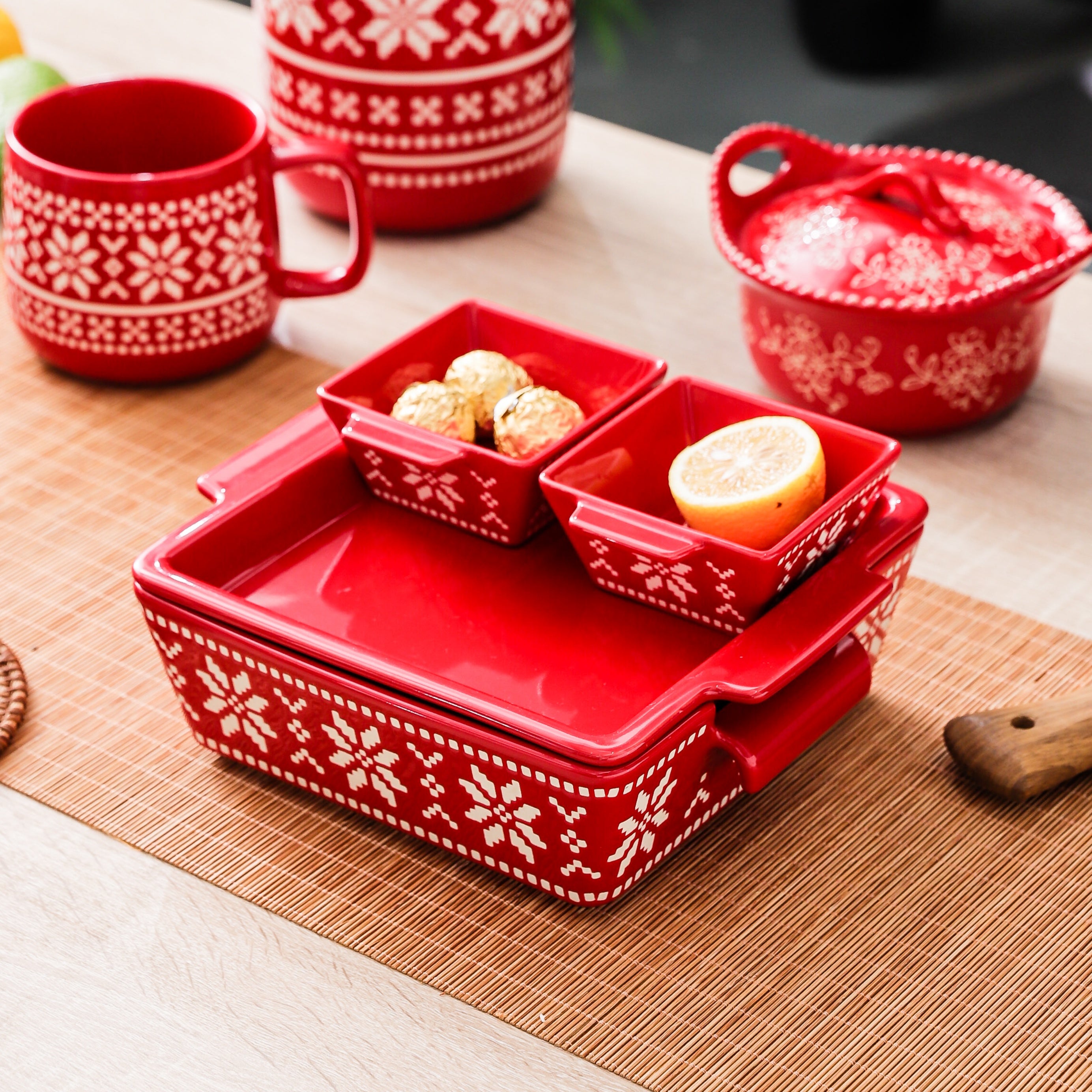 HongDian Red Snowflake Pattern Tableware Series,Optional Ceramic Mug Bowl Plate,Cup 600ml 20 oz,Micro Embossed Craft,Premium Ceramic,SGS Tested Underglaze Fade Resistant,Microwave Dishwasher Oven Sterilizer Safe,Dessert Serving Holiday Table Decor