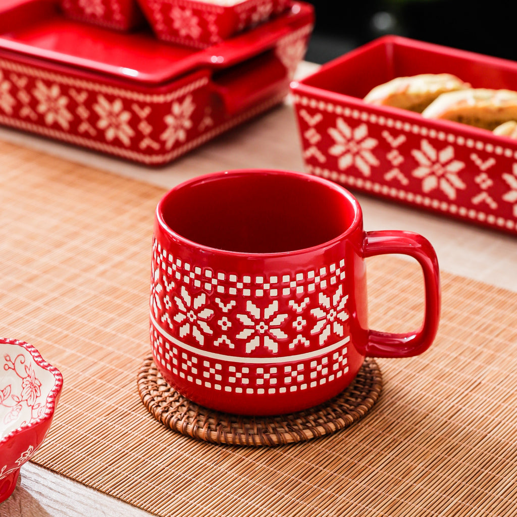 HongDian Red Snowflake Pattern Tableware Series,Optional Ceramic Mug Bowl Plate,Cup 600ml 20 oz,Micro Embossed Craft,Premium Ceramic,SGS Tested Underglaze Fade Resistant,Microwave Dishwasher Oven Sterilizer Safe,Dessert Serving Holiday Table Decor