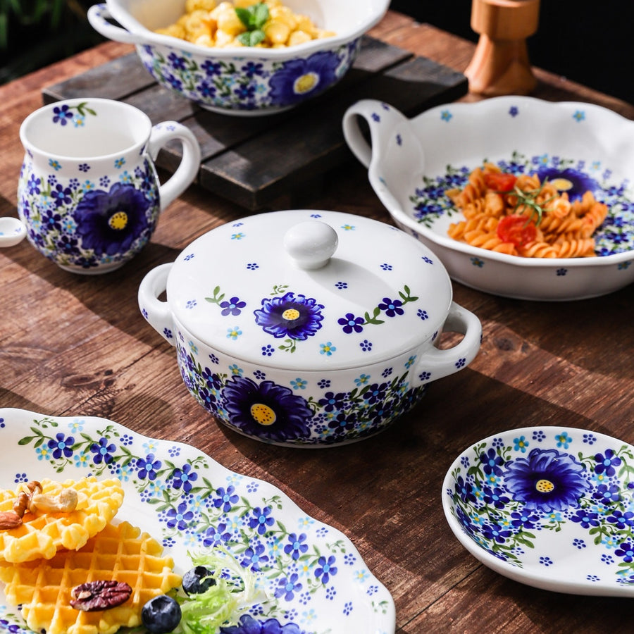 HongDian Blue Floral Tableware Series,Optional Cup Bowl Plate Lidded Casserole,Hand Painted Craft,Premium Porcelain,White Blue Green,SGS Tested Underglaze Fade Resistant,Microwave Dishwasher Oven Sterilizer Safe,Home Gift Party Family All Ages