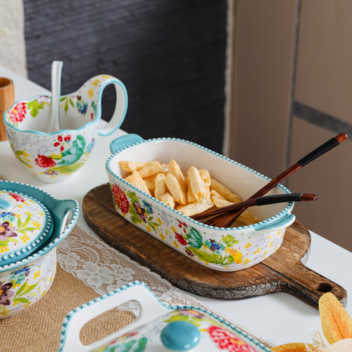 HongDian Blue Floral American Style Tableware Series,Optional Ceramic Bowl Casserole Baking Dish,Scalloped Rim,Premium Ceramic,Blue,Underglaze Non Fading,Microwave Oven Dishwasher Safe,Fruit Dessert Pasta Meal Serving Kitchen Table Decor Gift